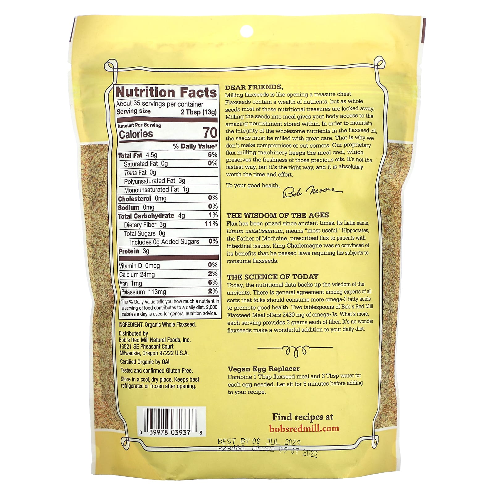 Bob's Red Mill, Органическая мука из семян льна, цельнозерновая, 453 г (1 фунт)
