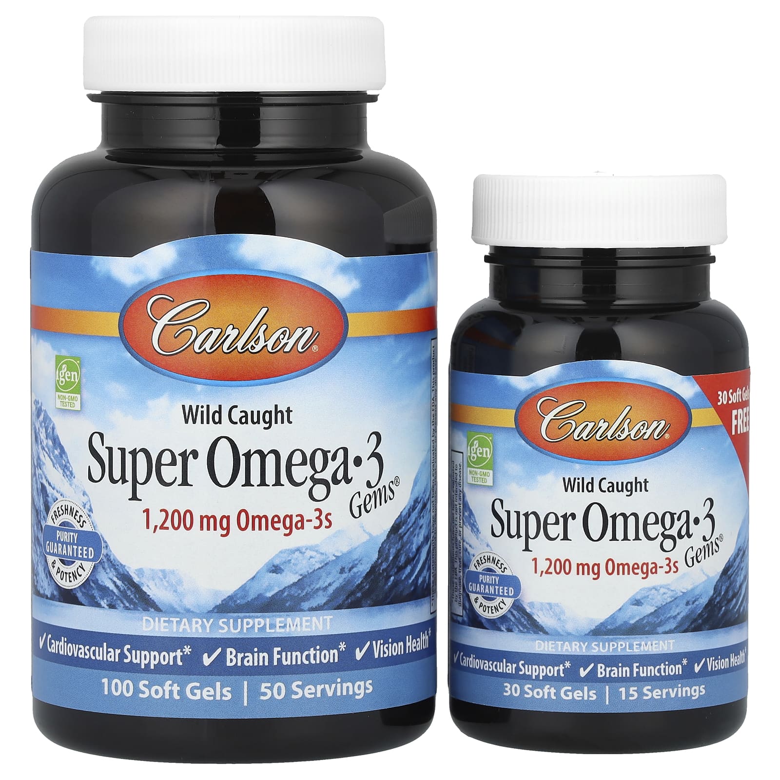 Carlson, Super Omega-3 Gems, высокоэффективные омега-3 кислоты из рыбы дикого улова, 1200 мг, 100 + 30 капсул (600 мг в 1 капсуле)