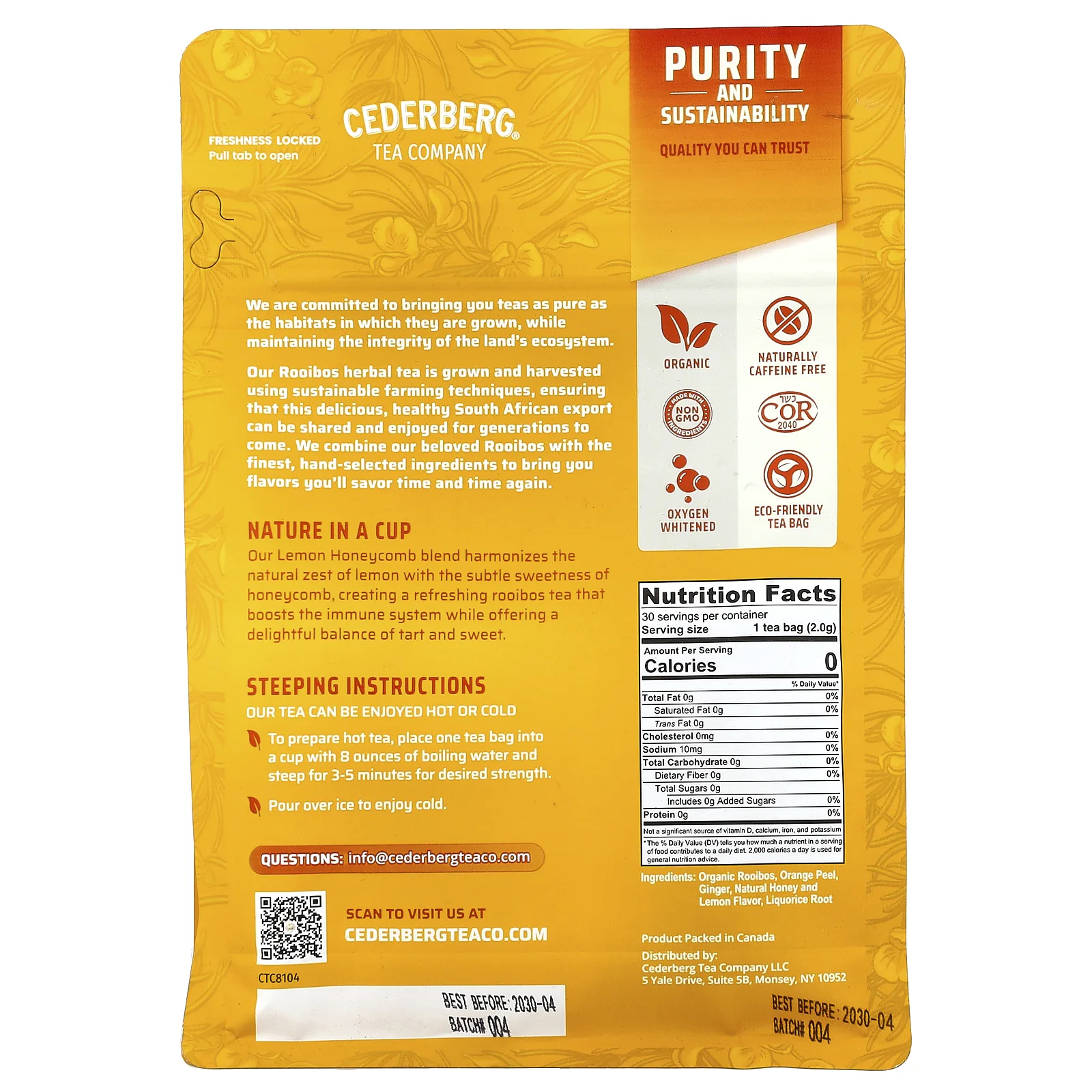 Cederberg Tea Co, ройбуш, лимон и соты, без кофеина, 30 чайных пакетиков, 60 г (2,1 унции)