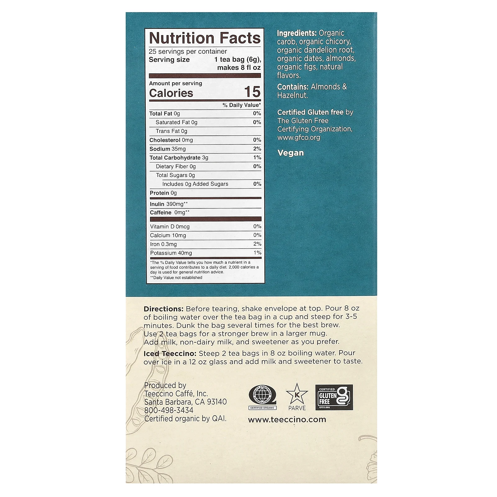 Teeccino, чай из обжаренных трав, одуванчик, карамель и орех, без кофеина, 25 чайных пакетиков, 150 г (5,3 унции)