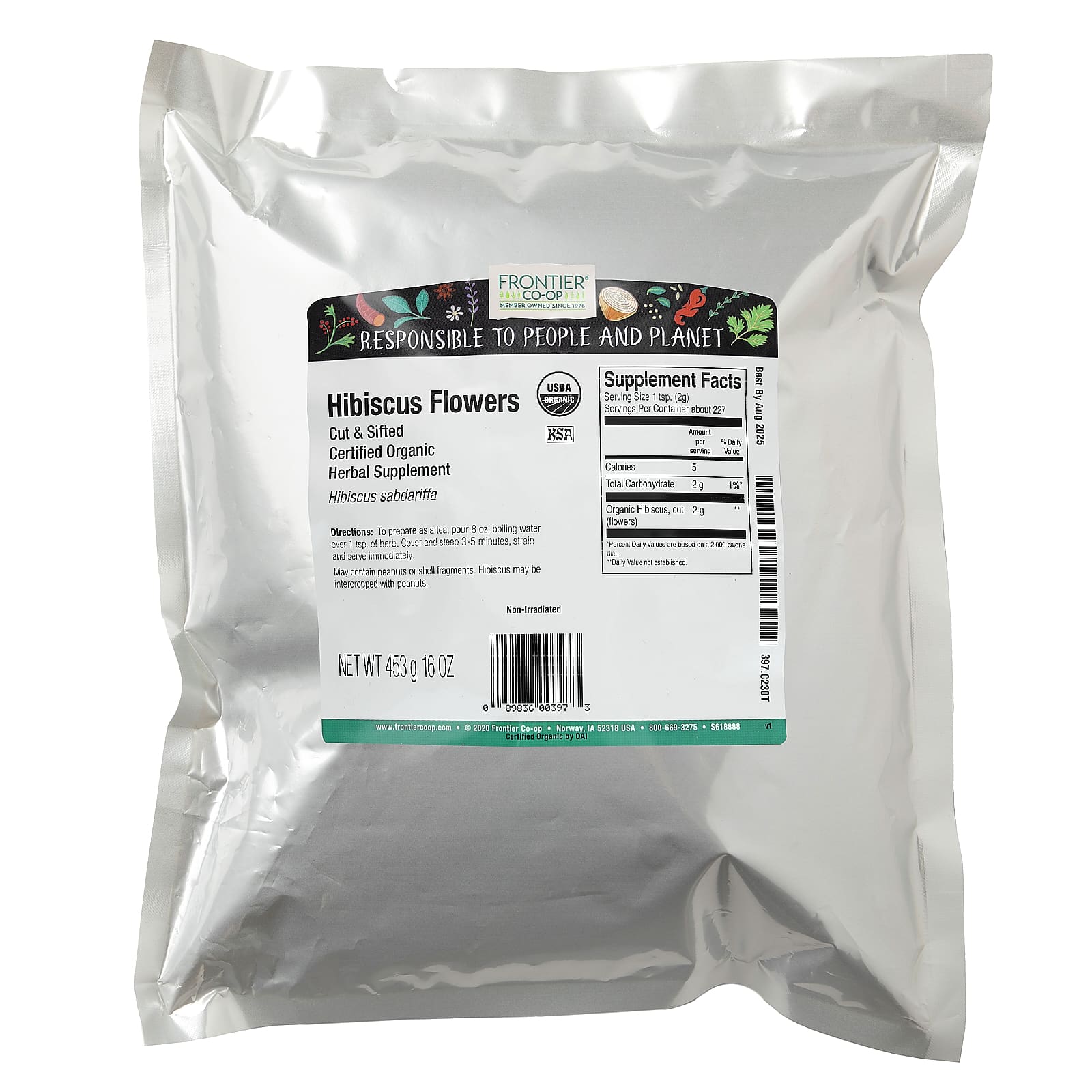 Frontier Co-op, органические нарезанные и просеянные цветки гибискуса, 453 г (16 унций)
