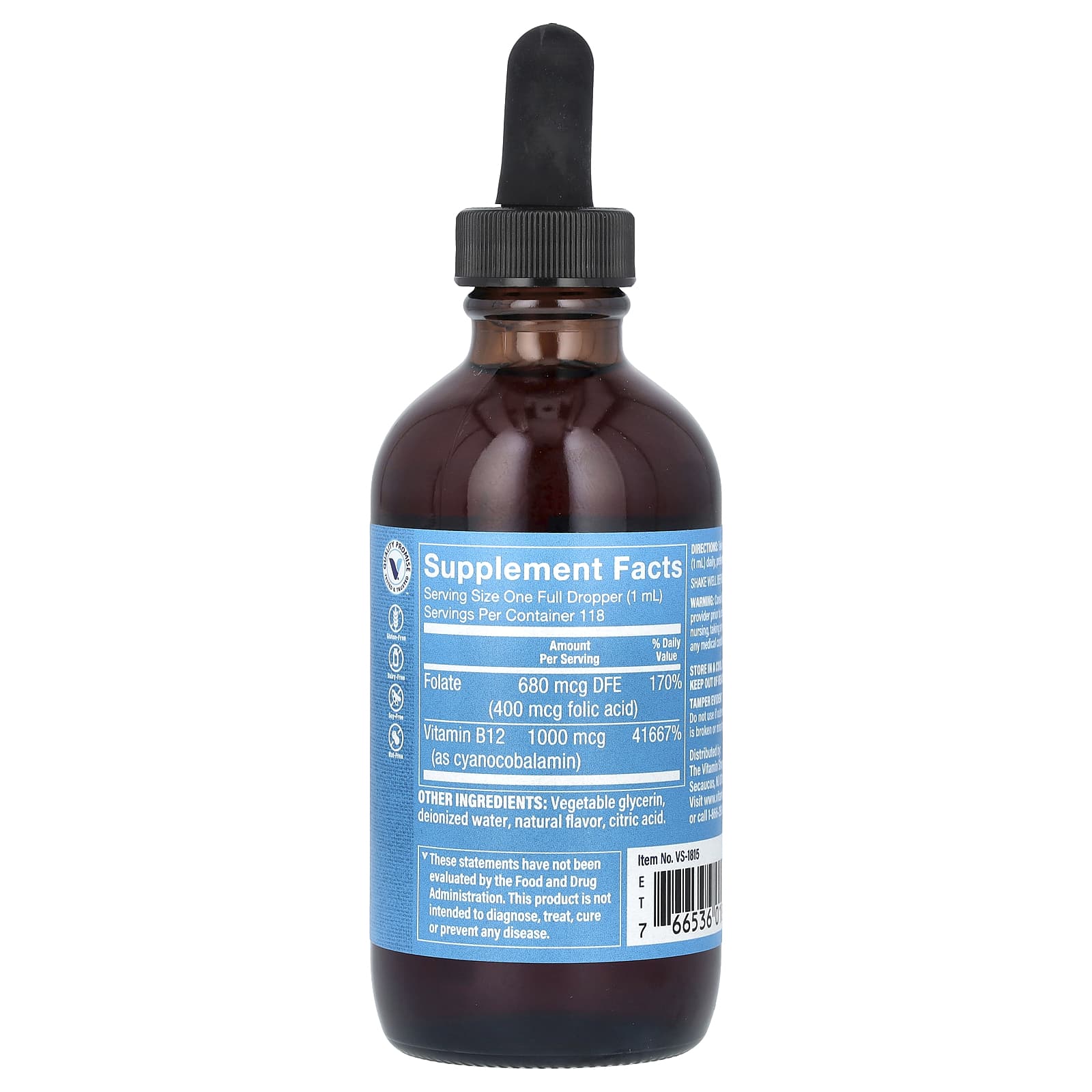 The Vitamin Shoppe, витамин B12 с фолиевой кислотой, малина, 118 мл (4 жидк. унции)