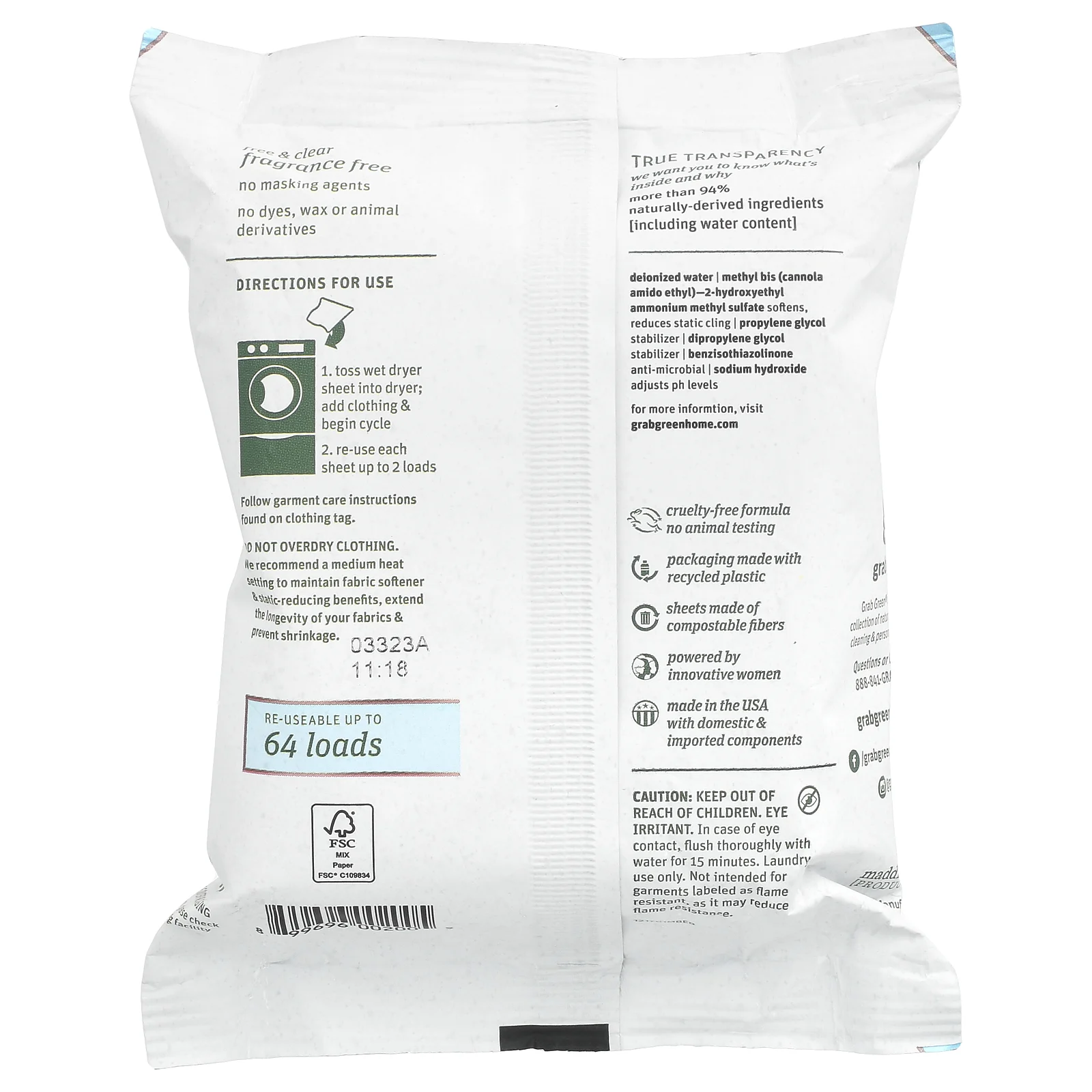 Grab Green, Салфетки для сушилки, без запаха, 32 салфетки