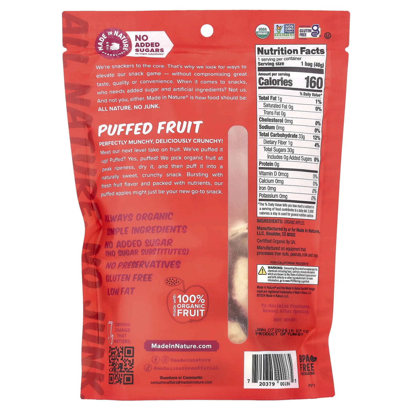 Made in Nature, Воздушные фрукты, яблоко, 39,7 г (1,4 унции)