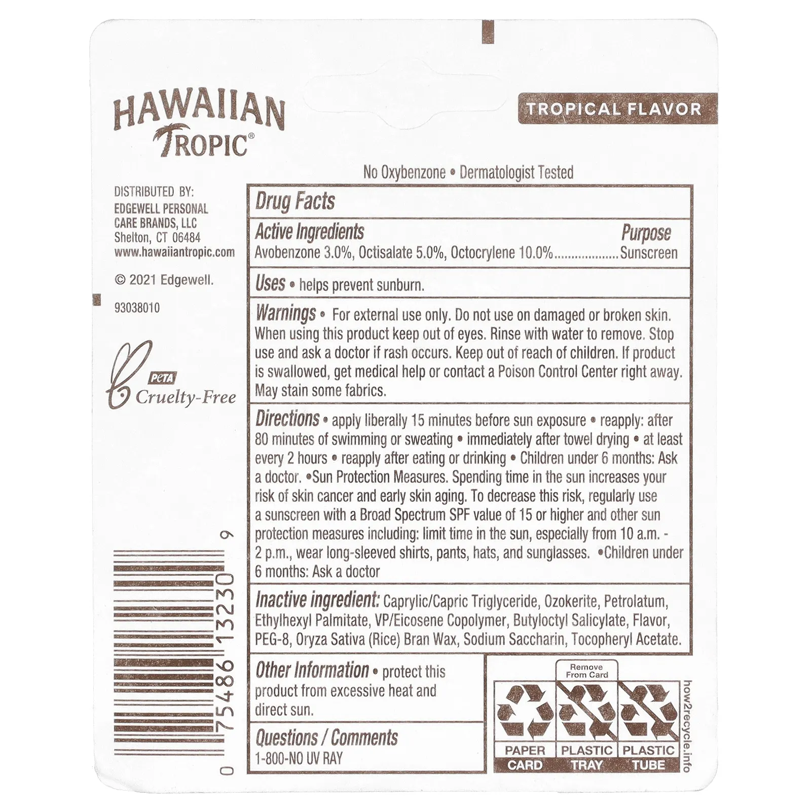 Hawaiian Tropic, Солнцезащитный бальзам для губ, SPF 30, тропический, 4,25 г (0,14 жидк. унц.)