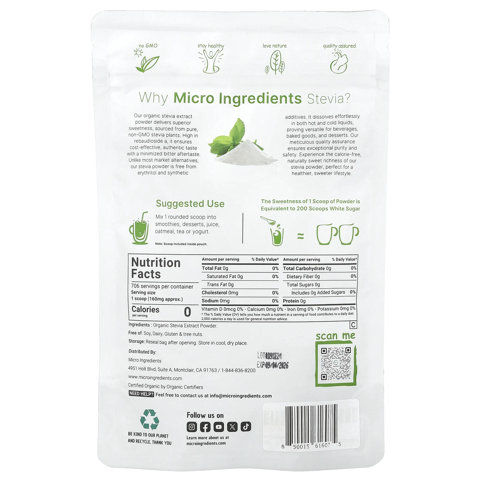 Micro Ingredients, Органический экстракт стевии, 113 г (4 унции)
