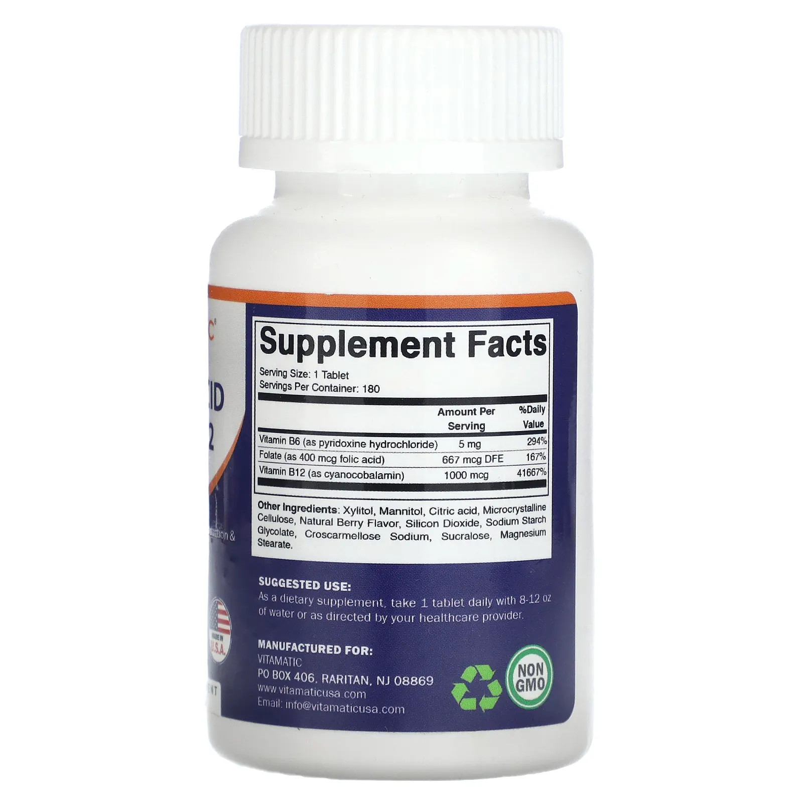 Vitamatic, Фолиевая кислота B6 и B12, натуральные ягоды, 180 быстро растворяющихся таблеток