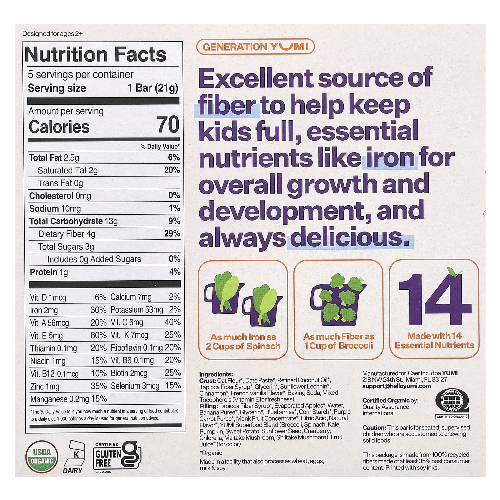 Yumi, органический батончик, для малышей, голубика и фиолетовая морковь, 5 батончиков по 21 г (0,74 унции)