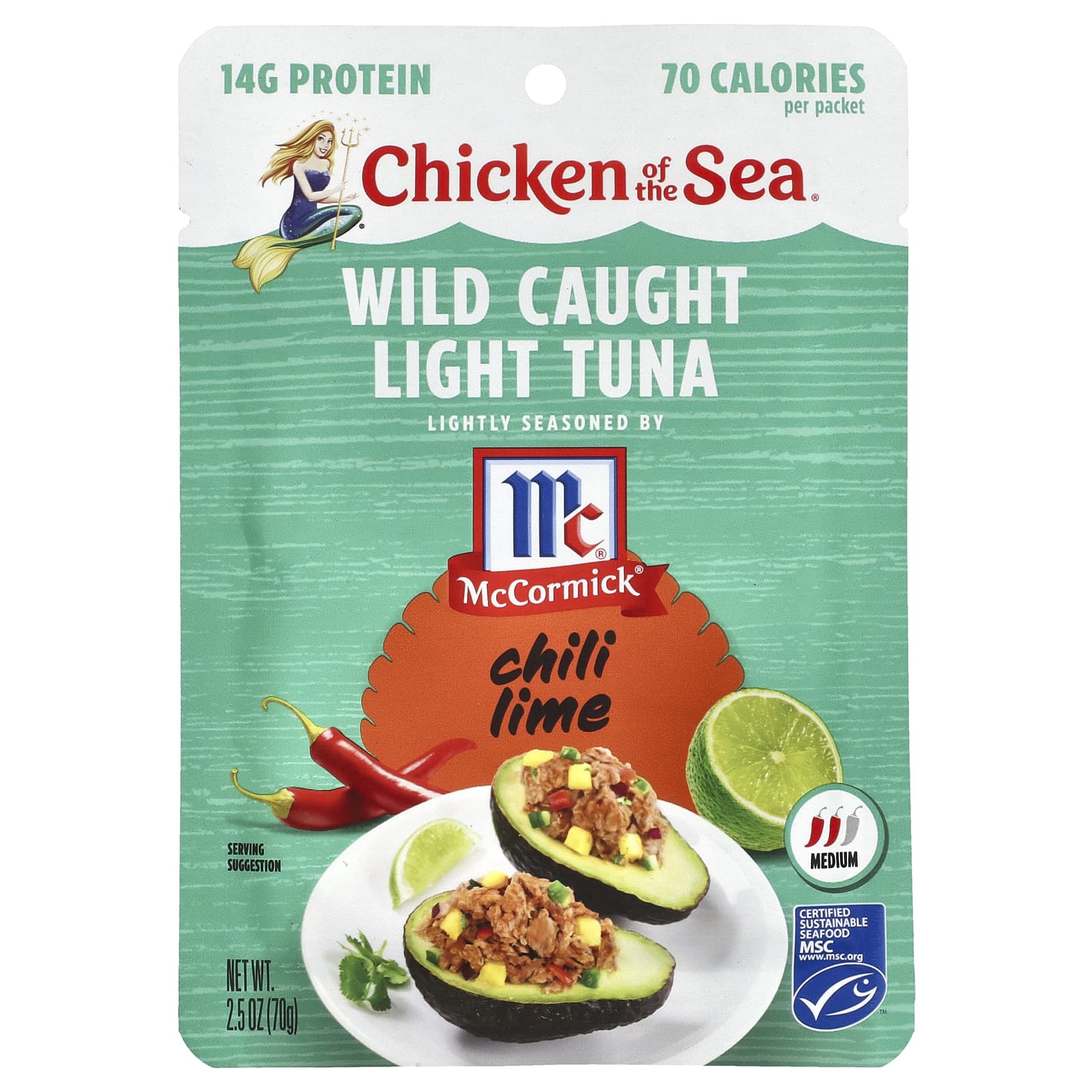 Chicken of the Sea, Дикий светлый тунец, чили и лайм, 70 г (2,5 унции)
