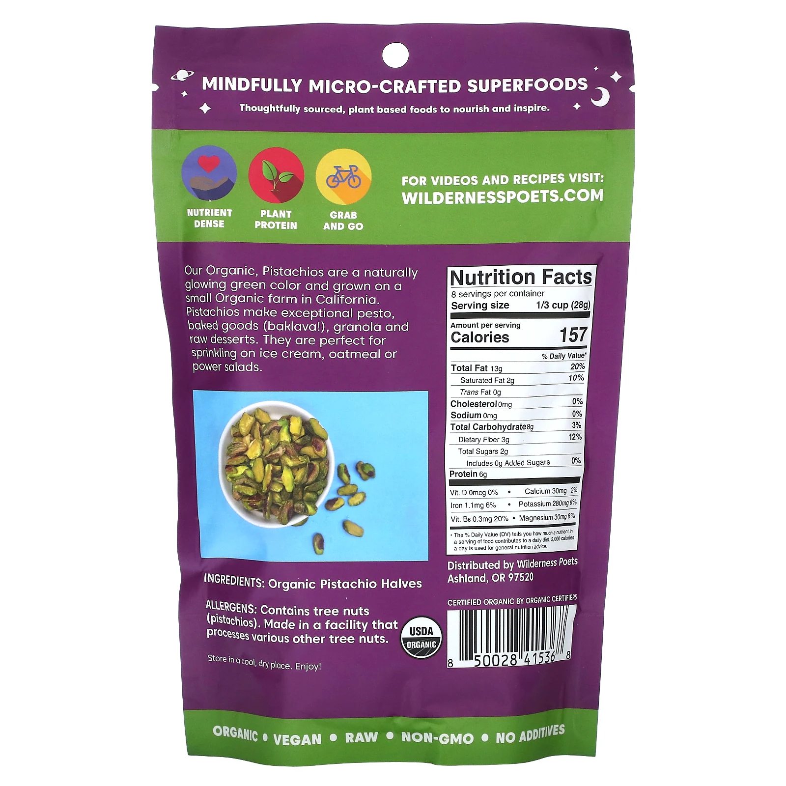 Wilderness Poets, органические калифорнийские фисташки, ярко-зеленые половинки, несоленые, 226 г (8 унций)