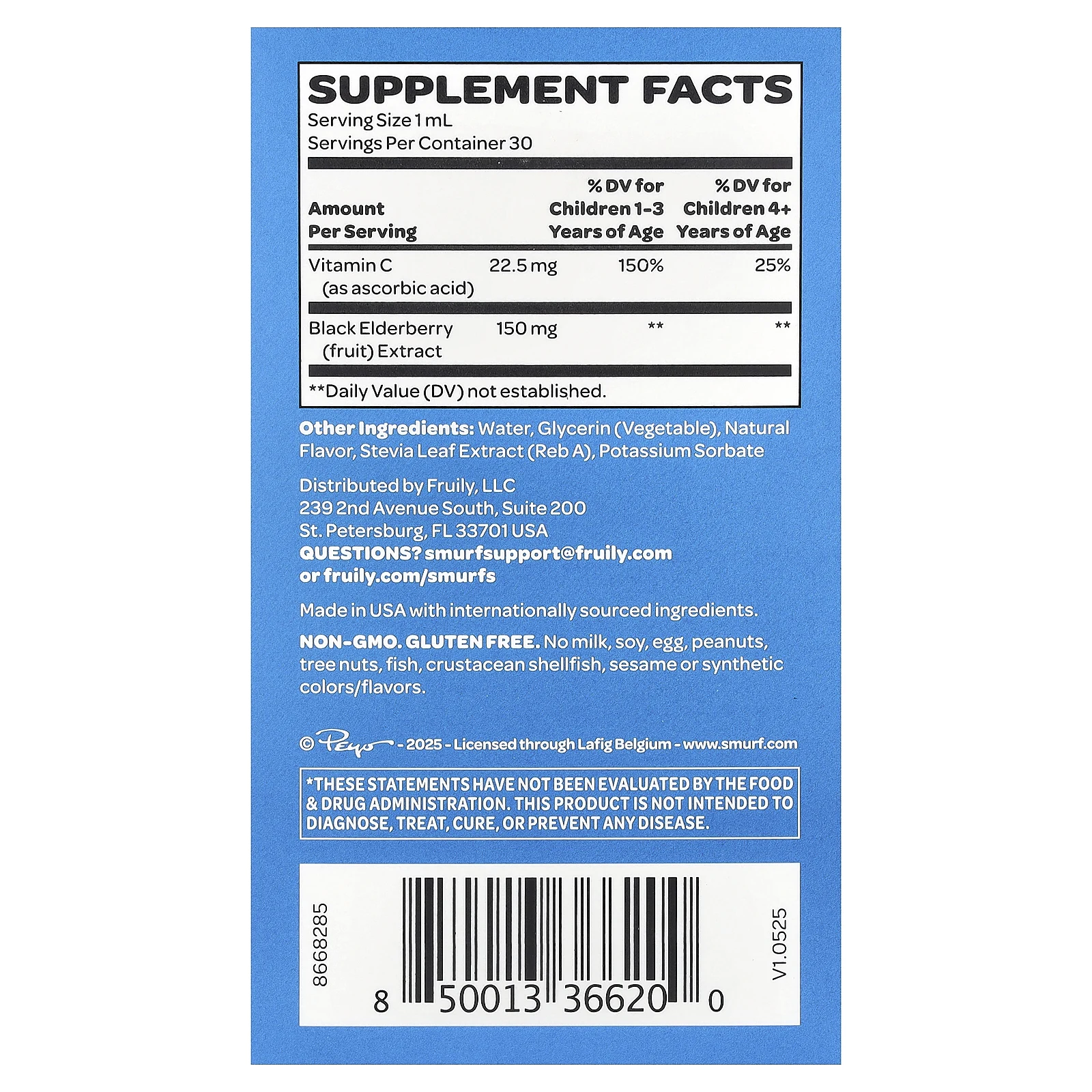 The Smurfs, жидкая добавка с бузиной, для детей от 1 года, ягодный вкус, 30 мл (1 жидк. унция)