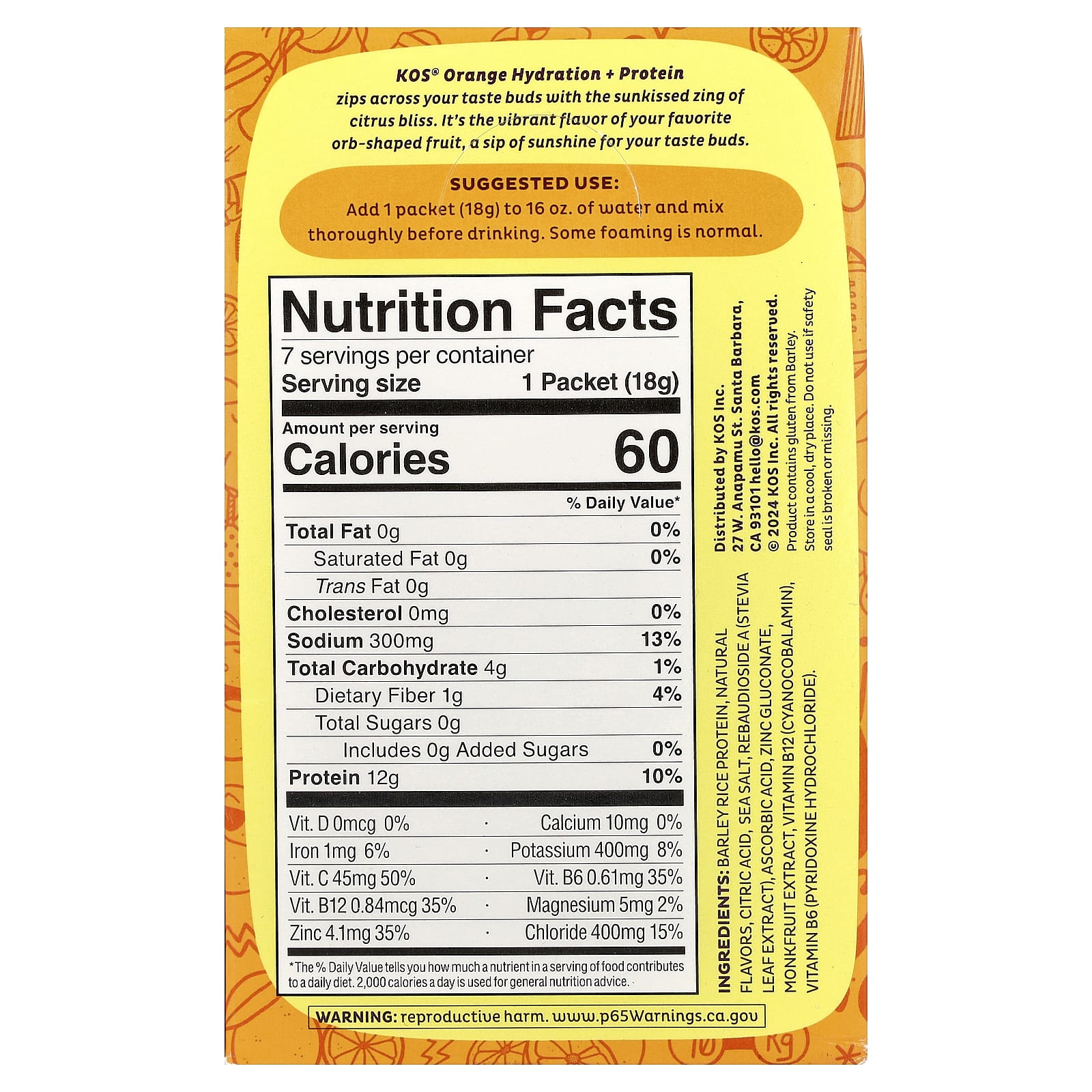 KOS, Hydration + Protein, освежающая смесь для напитков, апельсин, 7 пакетиков по 18 г (0,65 унции)