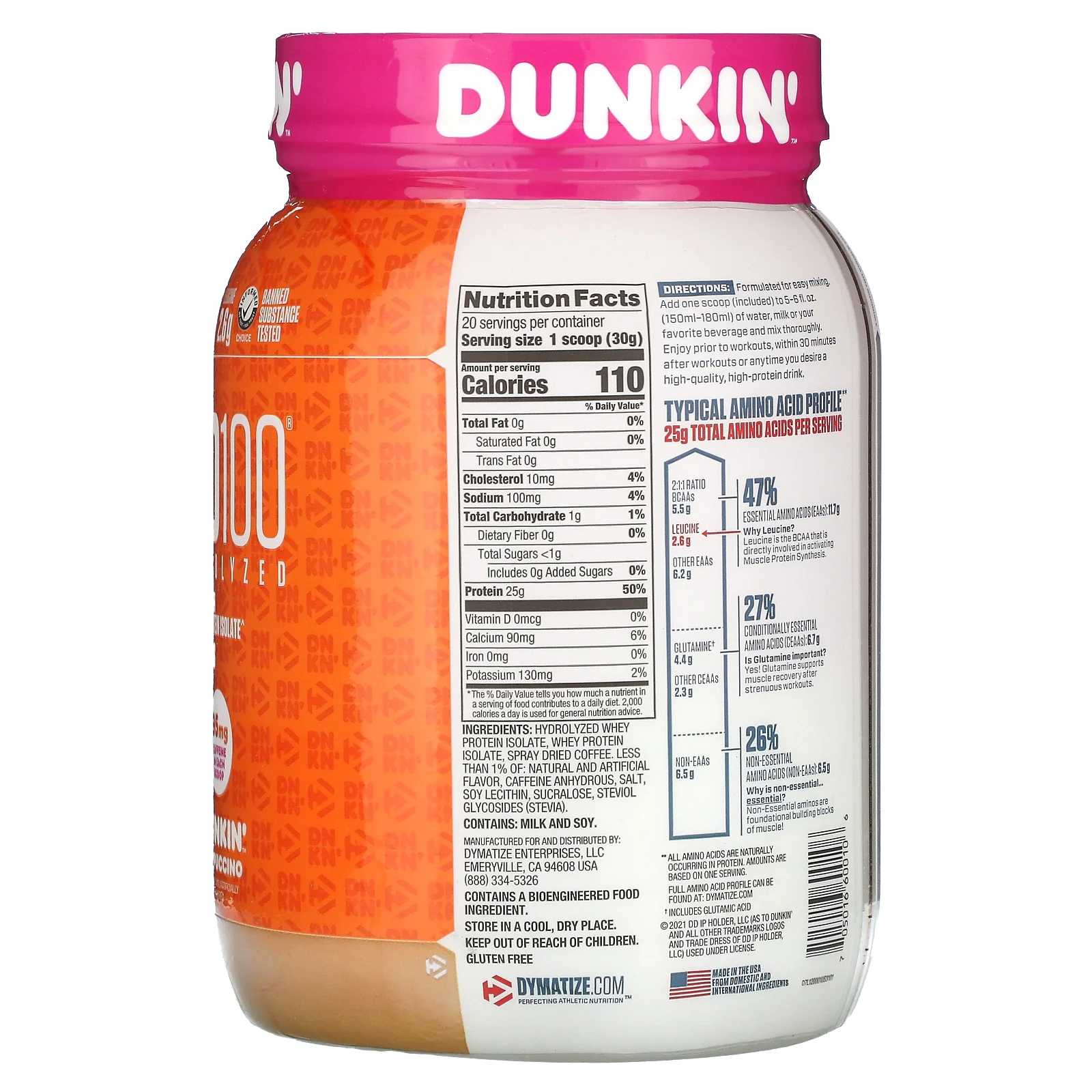 Dymatize, ISO100, гидролизованный, 100% изолят сывороточного протеина, Dunkin 'Cappuccino, 610 г (1,3 фунта)