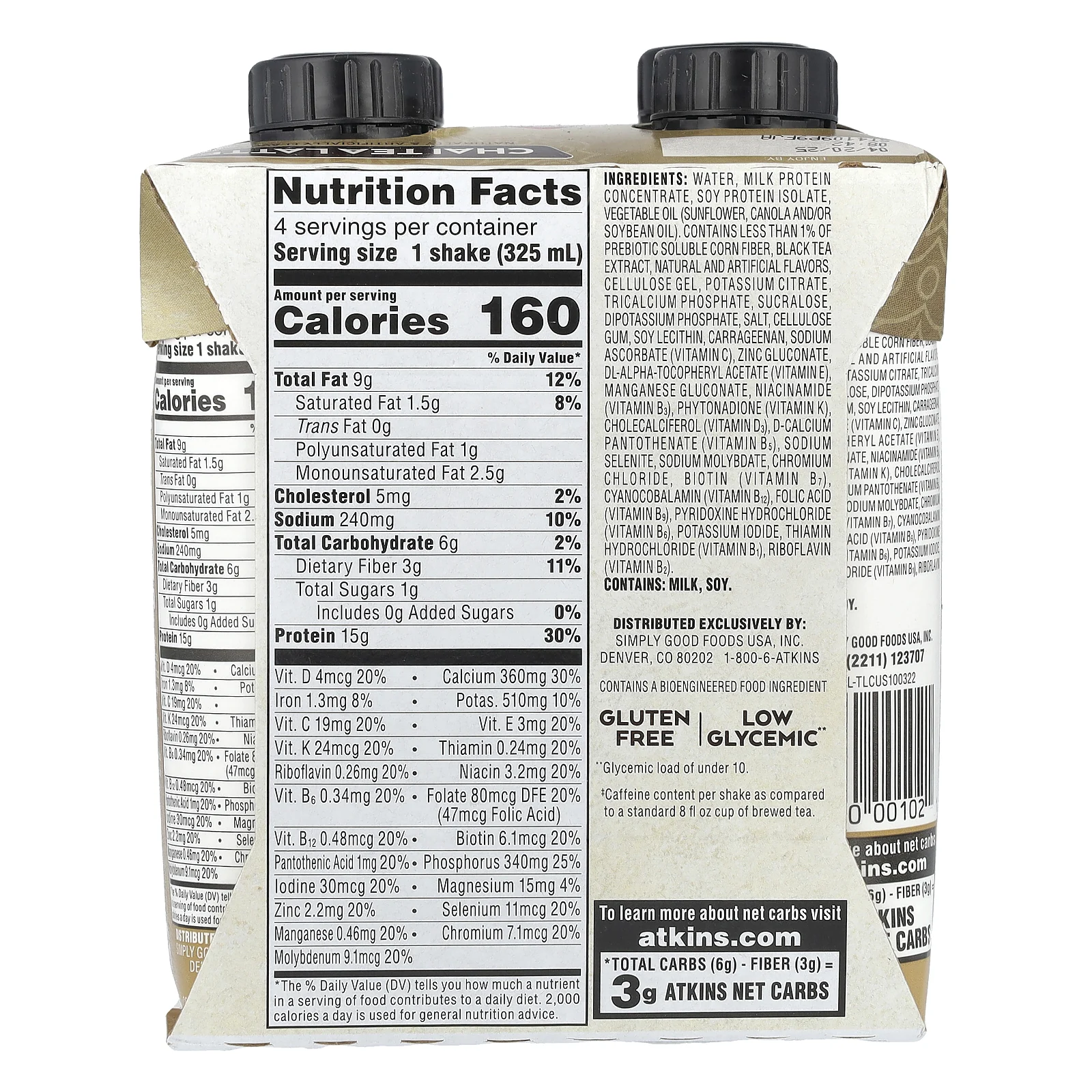 Atkins, Чай со льдом и латте, протеиновый коктейль, чай, 4 коктейля, 325 мл (11 жидк. Унций)