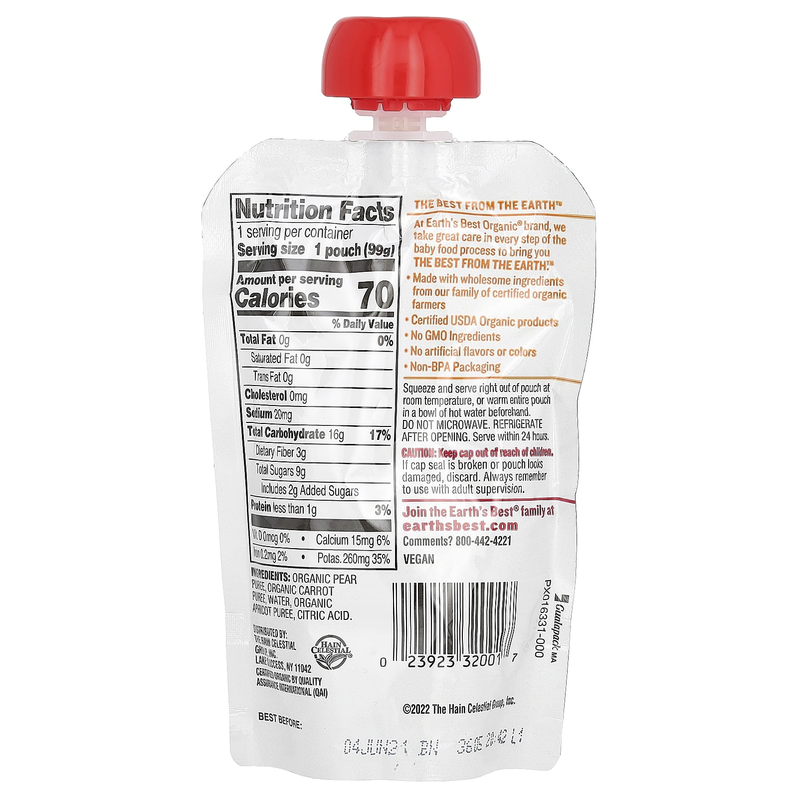 Earth's Best, органическое пюре для детского питания, для детей от 9 месяцев, груша, морковь и абрикос, 99 г (3,5 унции)