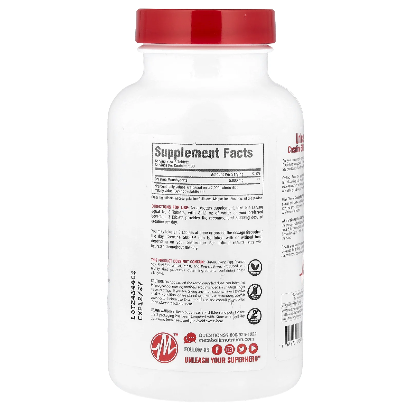 Metabolic Nutrition, Creatine ™ 5000, 5000 мг, 90 таблеток (1666 мг в одной таблетке)