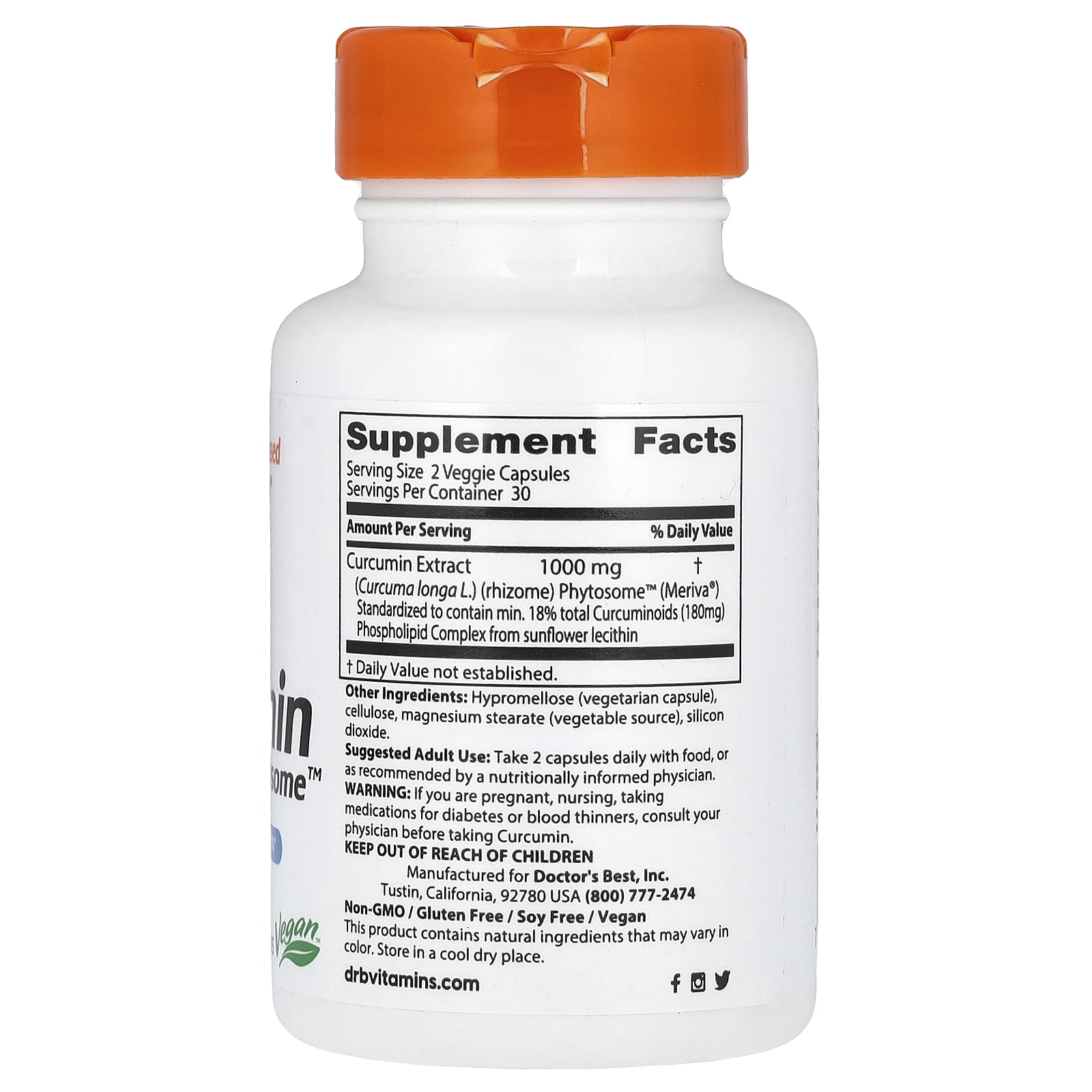 Doctor's Best, Curcumin Phytosome, куркумин, 1000 мг, 60 растительных капсул (500 мг в 1 капсуле)