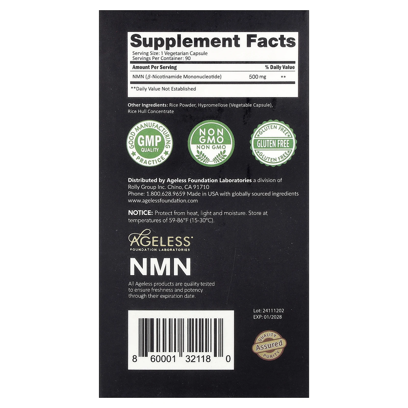 Ageless Foundation Laboratories, NMN, 500 мг, 90 растительных капсул