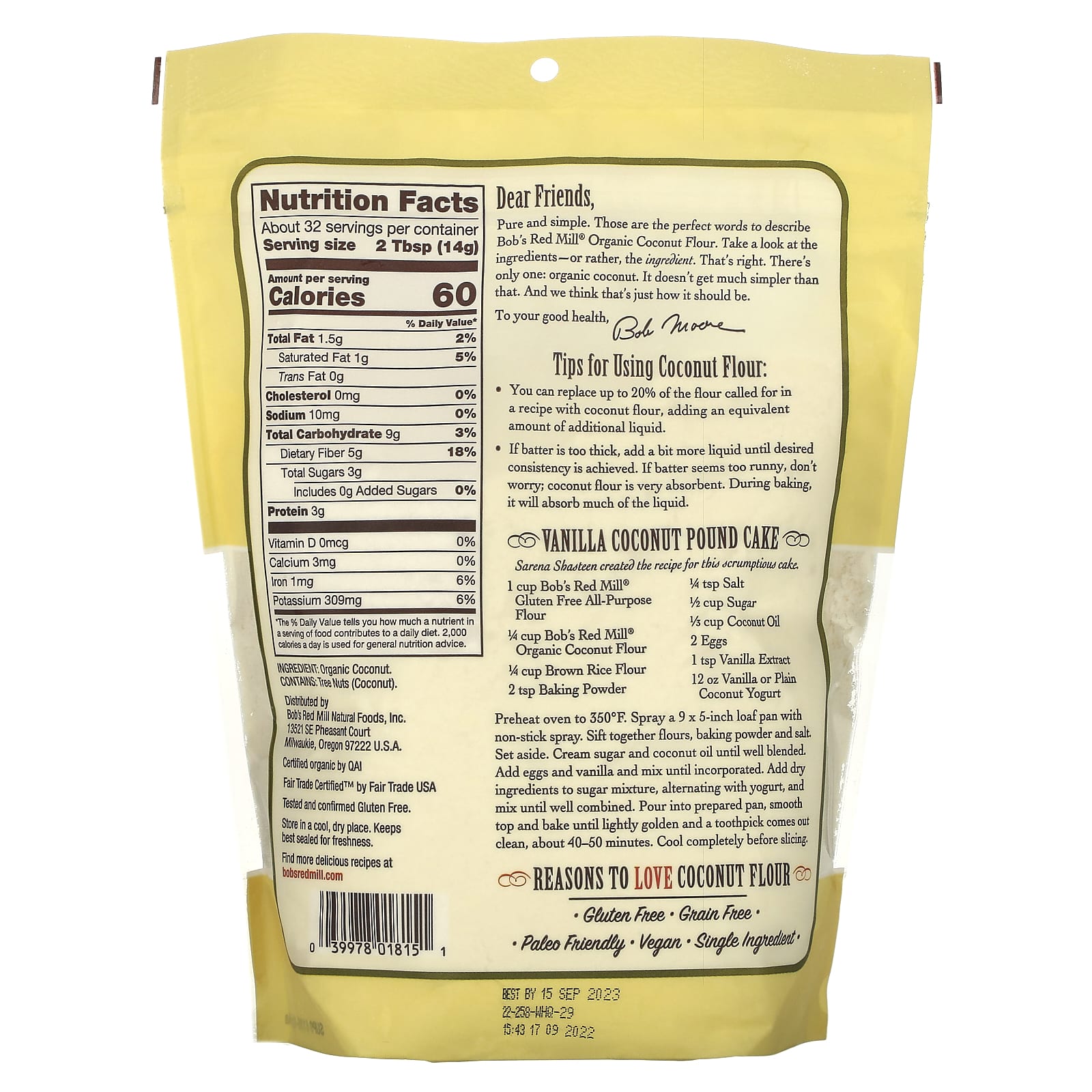 Bob's Red Mill, Органическая кокосовая мука, без глютена, 453 г (16 унций)