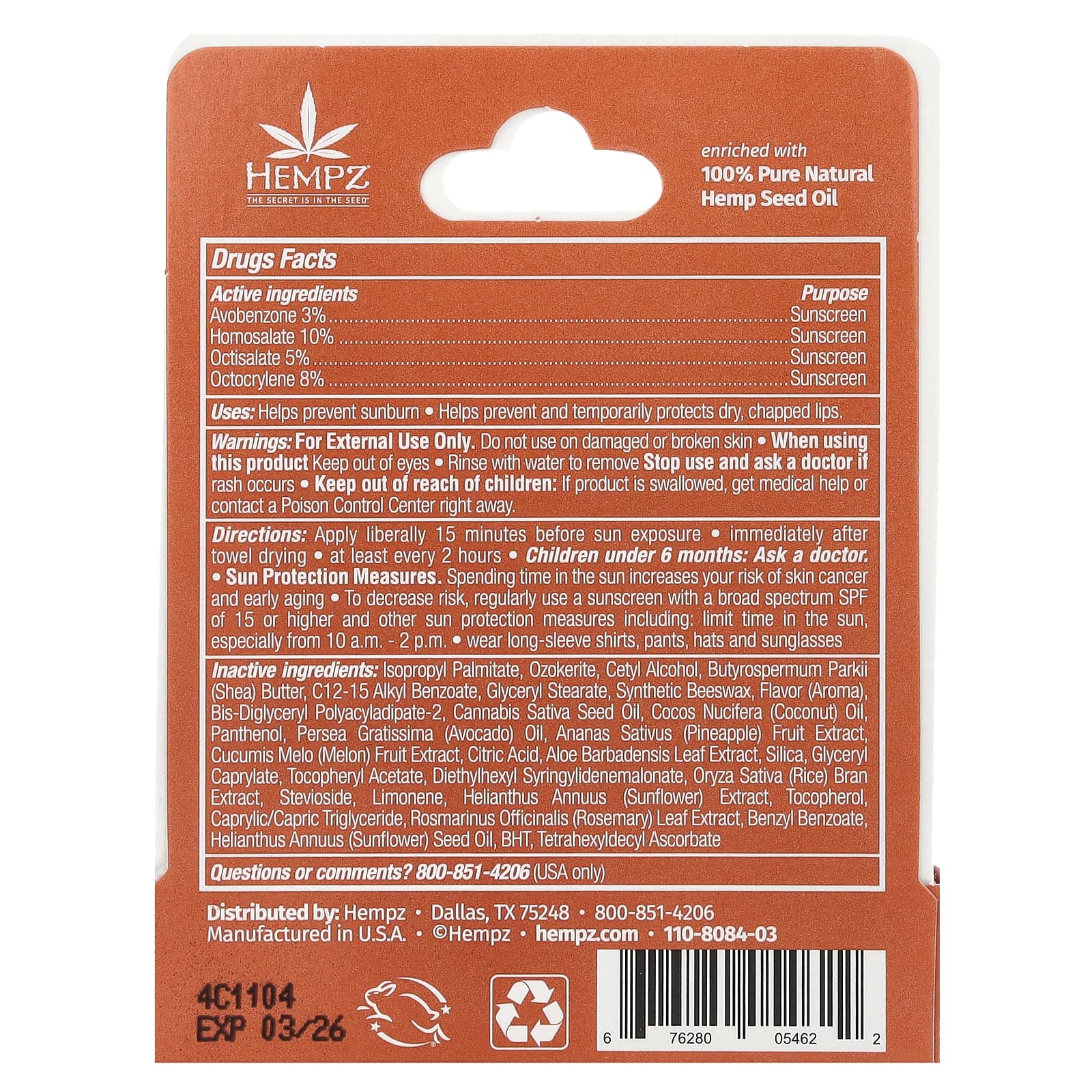 Hempz, Травяное солнцезащитное средство для губ, SPF 30, сладкий ананас и медовая дыня, 4,25 г (0,15 унции)