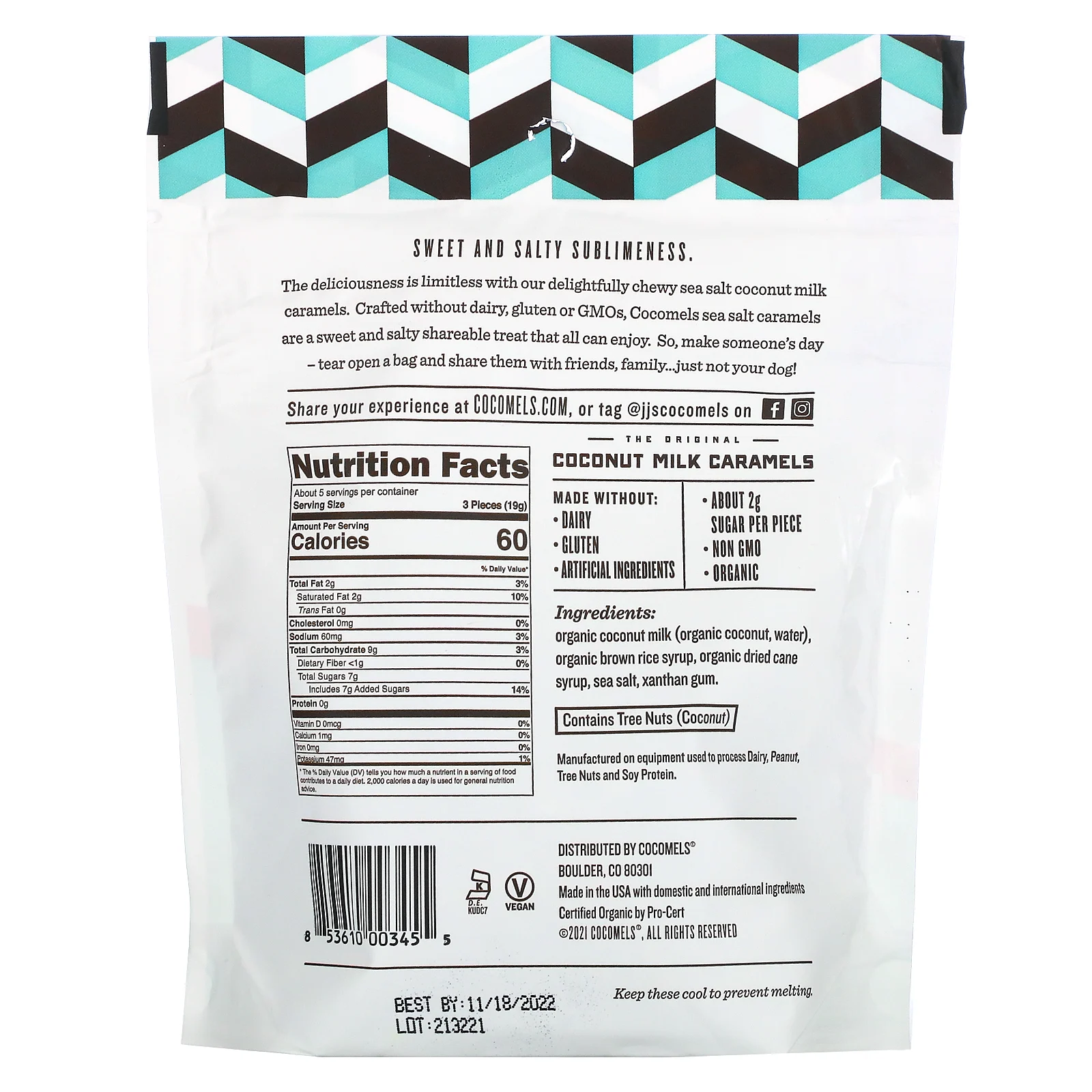 Cocomels, органическая карамель из кокосового молока с морской солью, 100 г (3,5 унции)