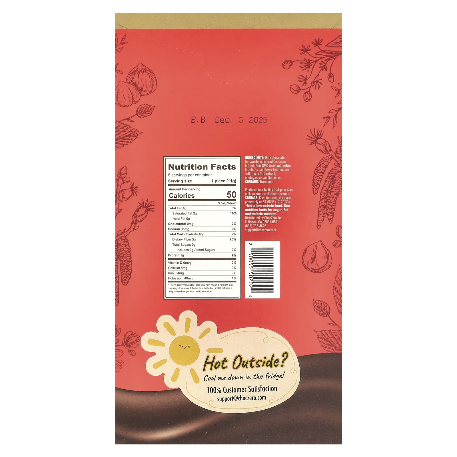 ChocZero, Keto Bark, темный шоколад, фундук с морской солью, 8 батончиков, 90 г (3,2 унции)