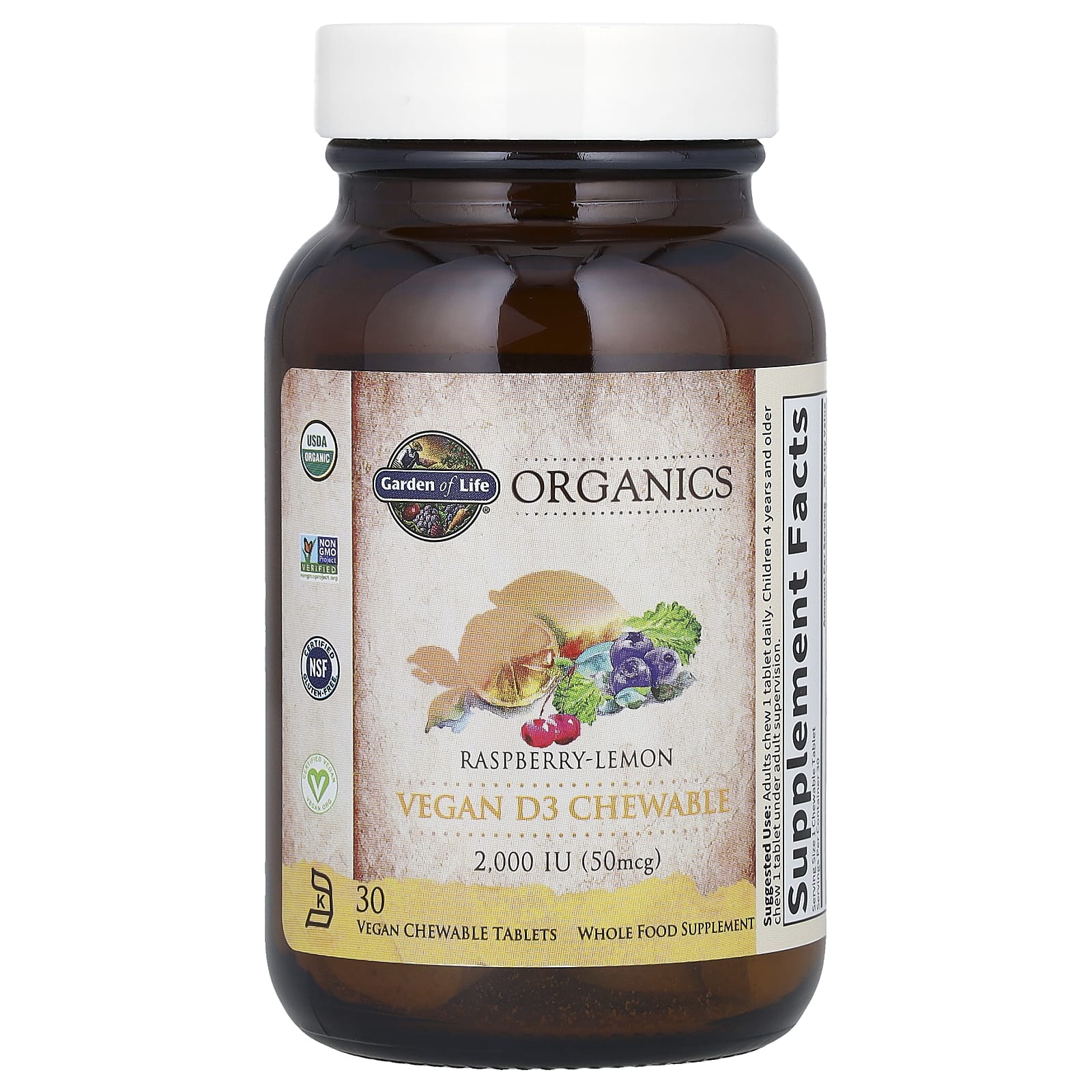 Garden of Life, MyKind Organics, веганский витамин D3, со вкусом малины и лимона, 2000 МЕ, 30 вегетарианских жевательных таблеток