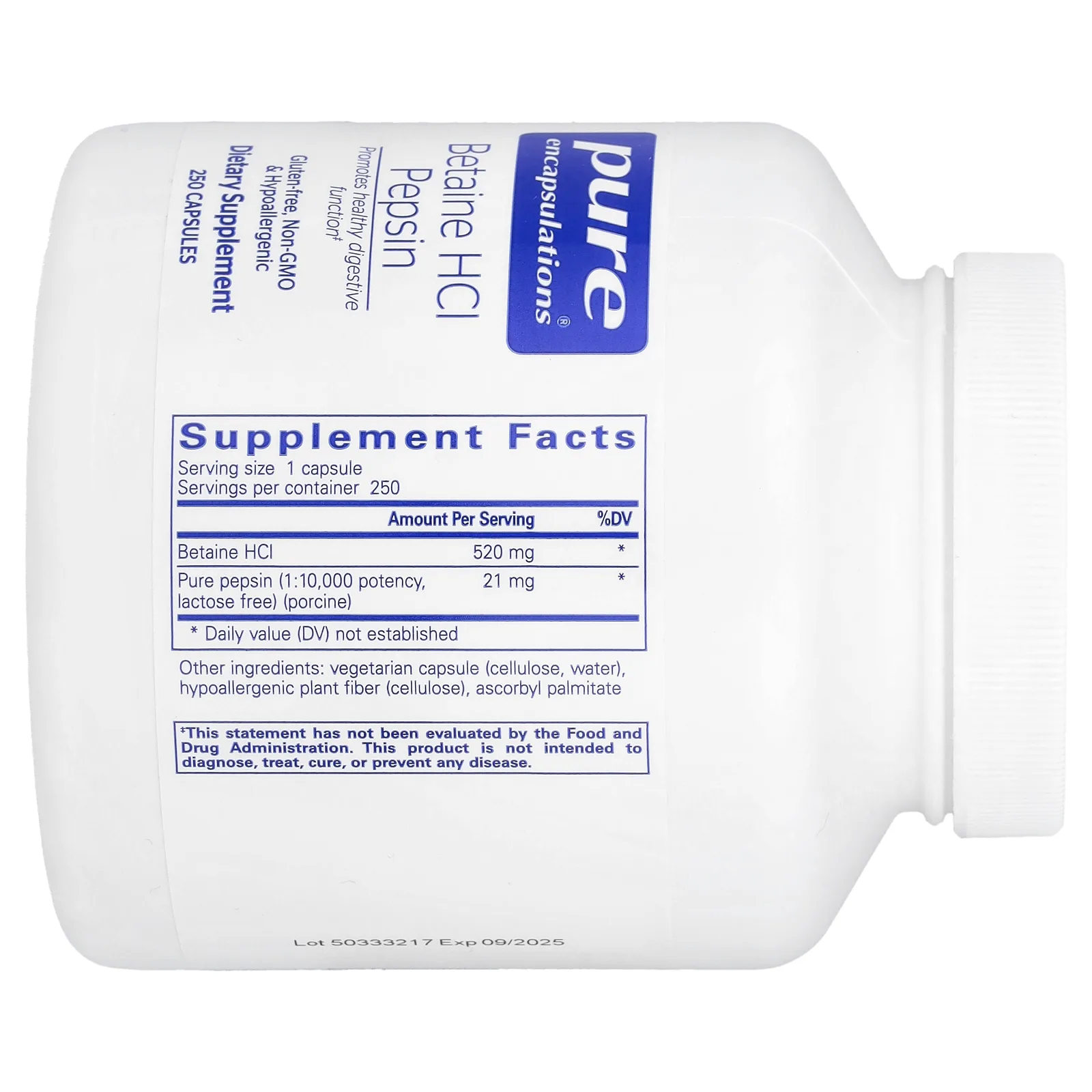 Pure Encapsulations, Бетаин гидрохлорид, пепсин, 250 капсул