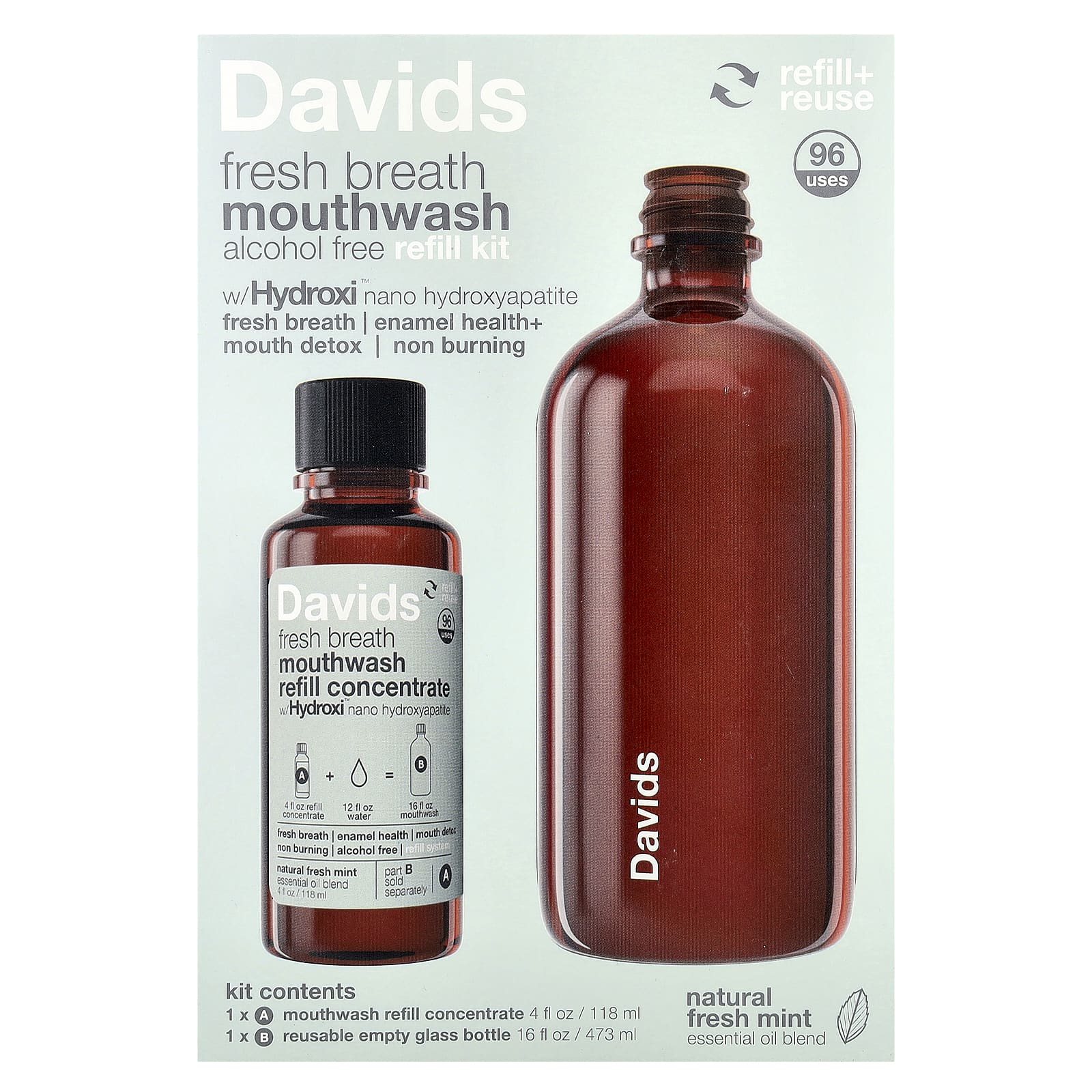 Davids, Refill Kit, жидкость для полоскания рта Fresh Breath, без спирта, натуральная свежая мята, 2 шт.