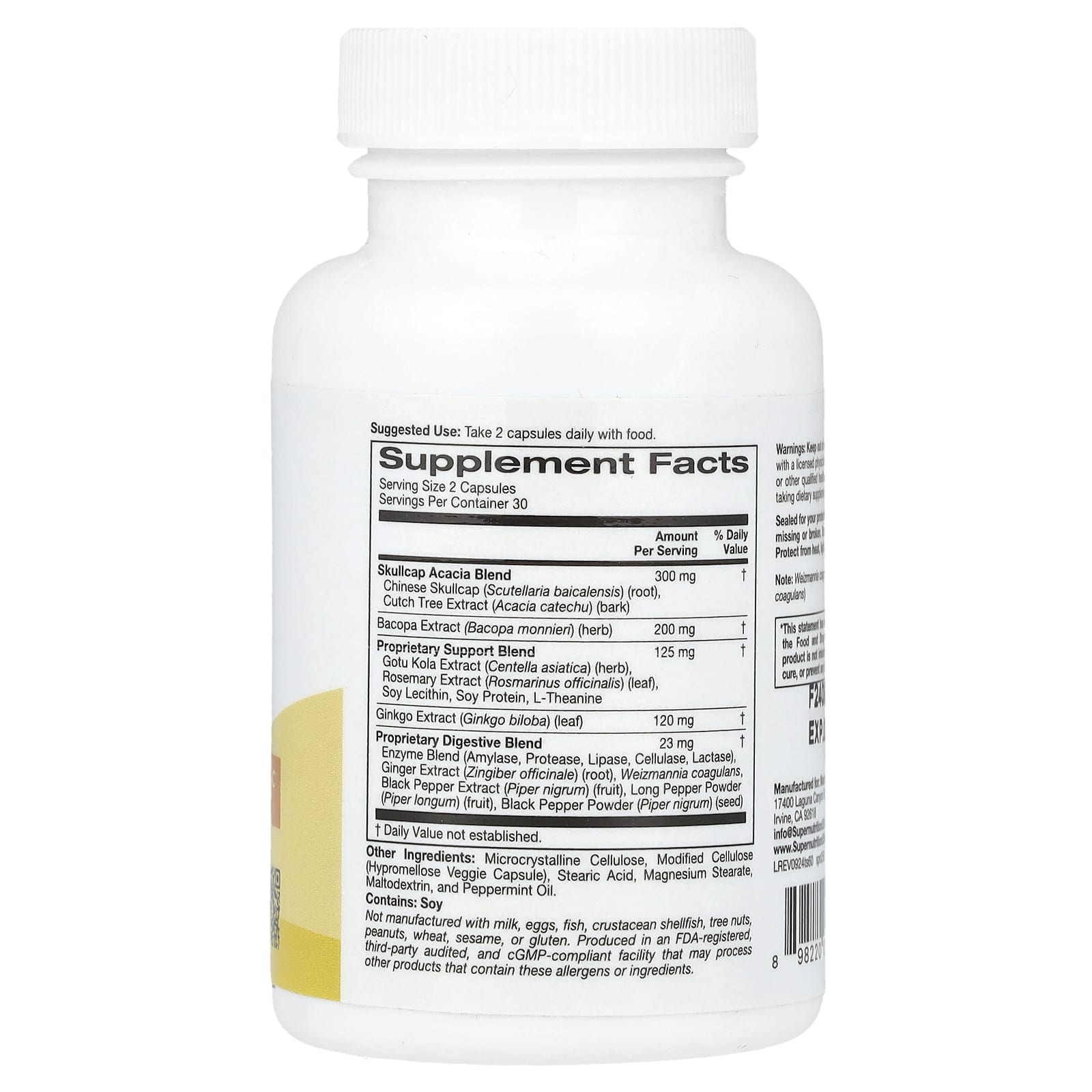 Super Nutrition, Think Support, с гинкго билоба, тюбетейкой, готу колой, бакопой и ферментами, 60 растительных капсул