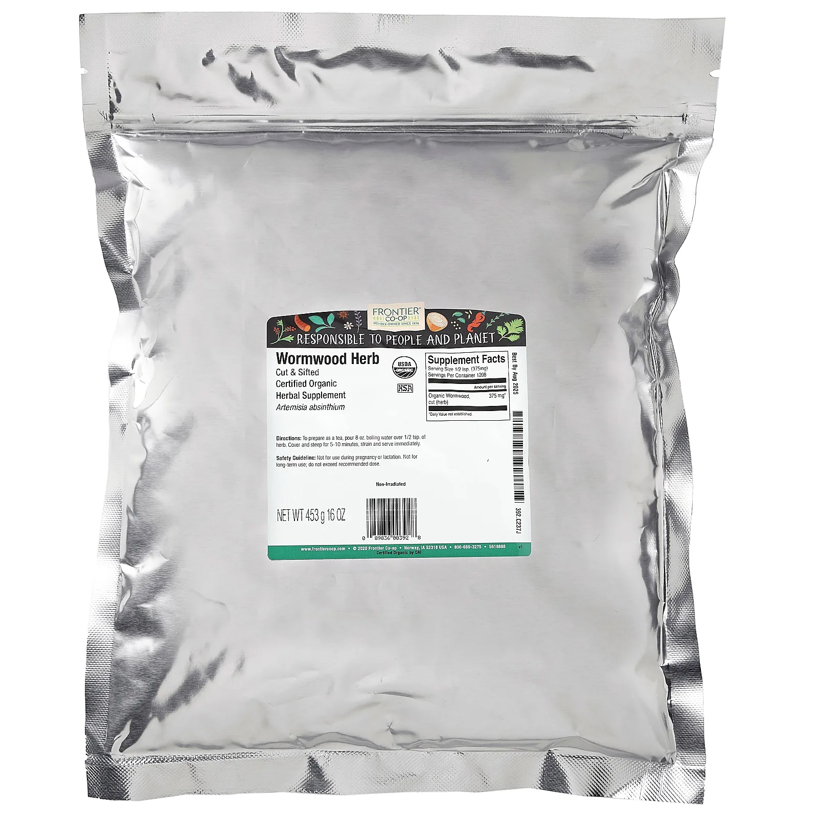 Frontier Co-op, Органическая нарезанная и просеянная полынь, 453 г (16 унций)