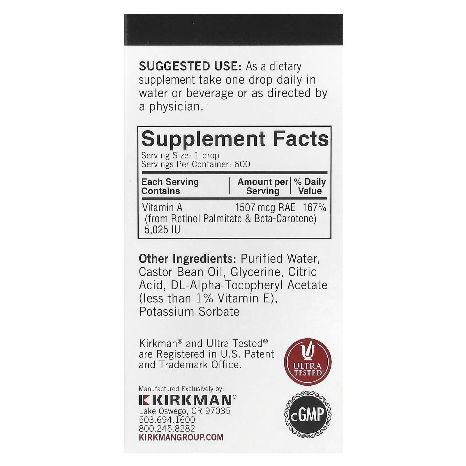 Kirkman Labs, мицеллярный витамин A, в каплях, 30 мл (1 жидк. унция)