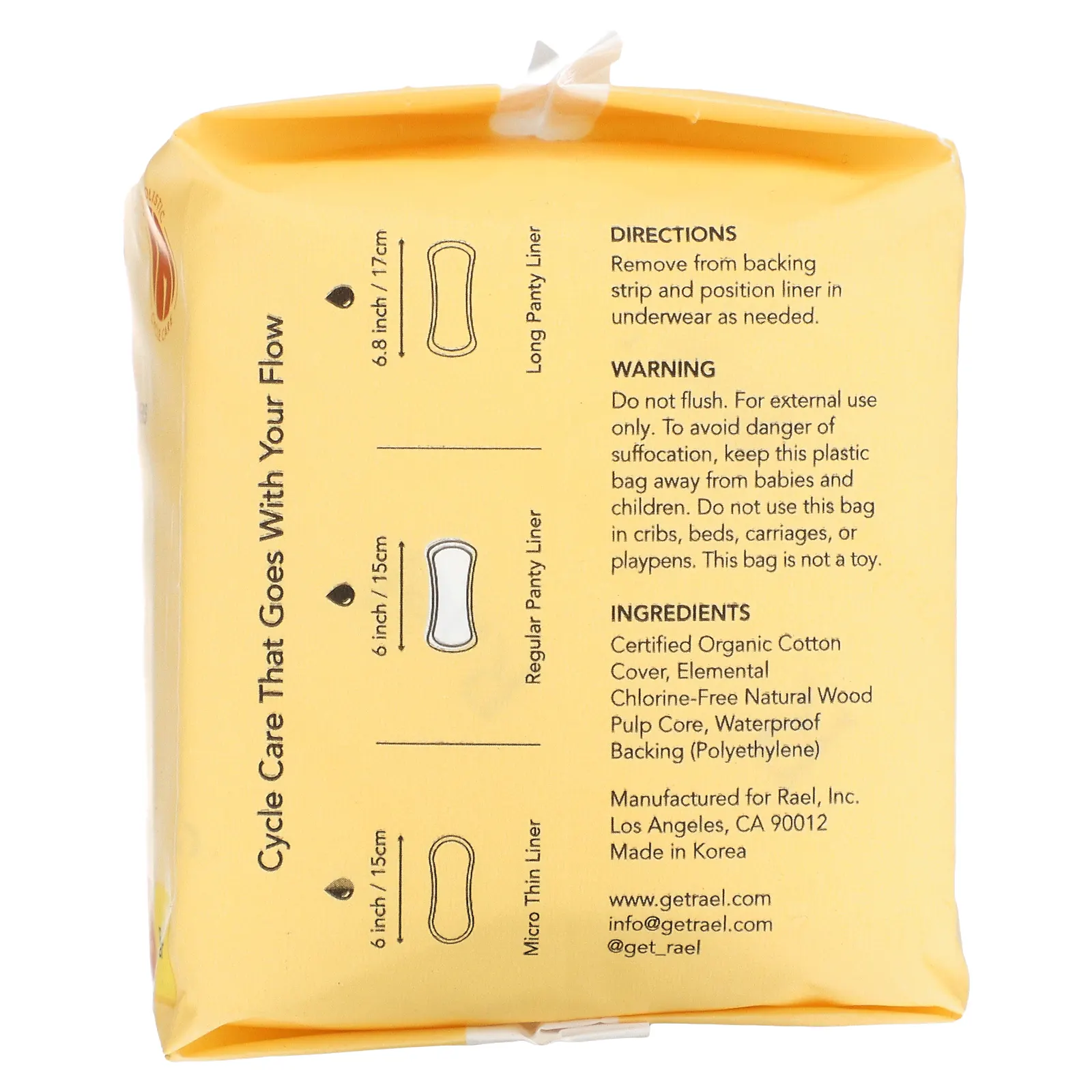 Rael, Ежедневные прокладки из органического хлопка, обычного размера, 20 шт.