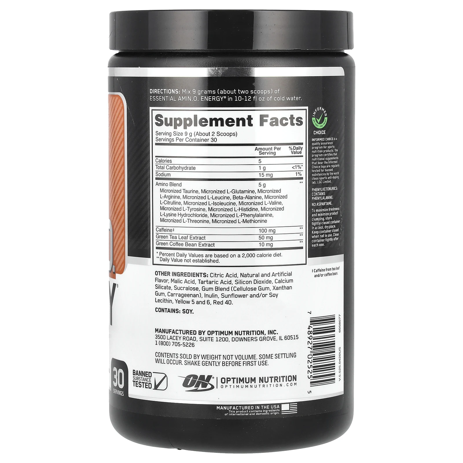 Optimum Nutrition, ESSENTIAL AMIN.O. ENERGY, охладитель с апельсином, 270 г (9,5 унции)