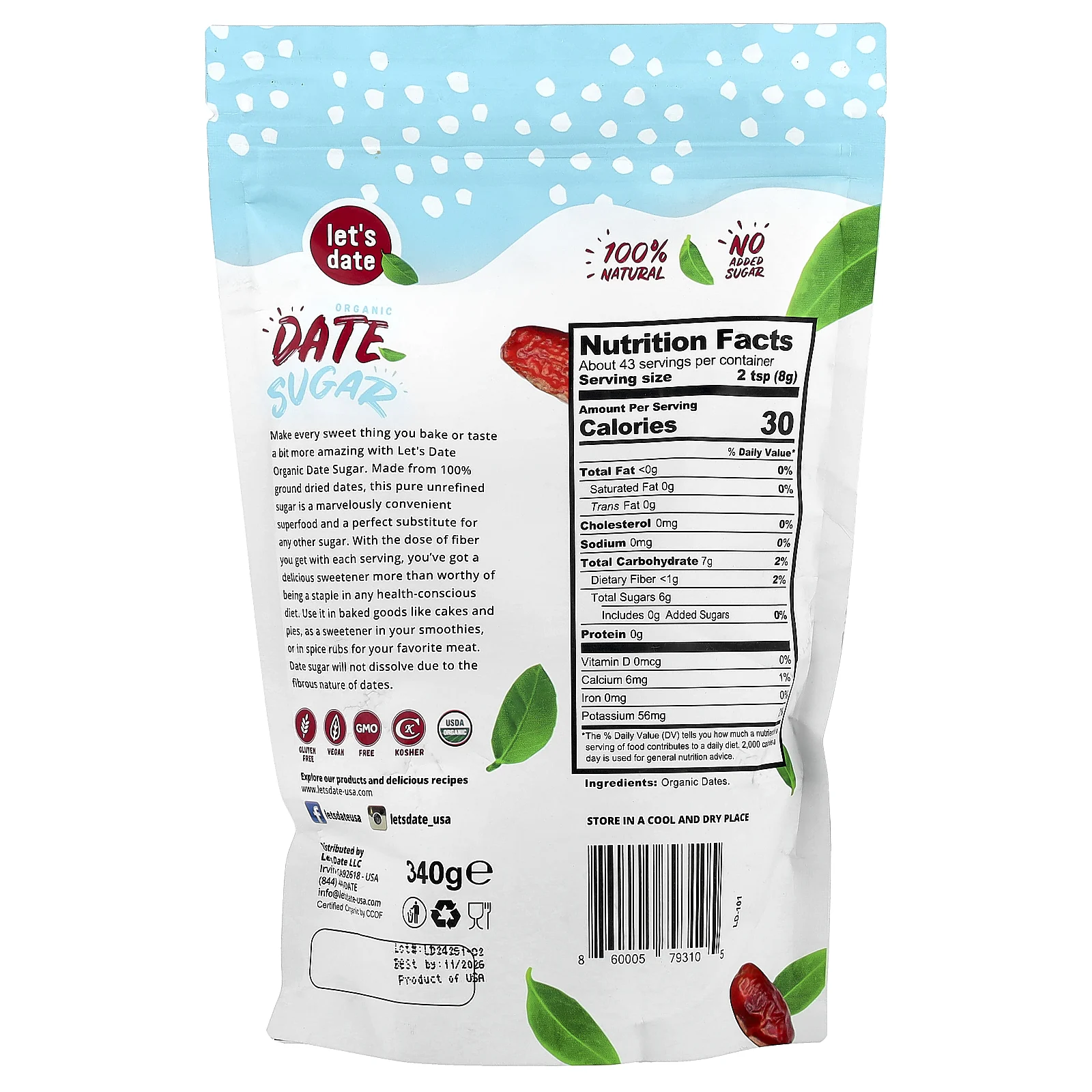 Let's Date, Органический финиковый сахар, 340 г (12 унций)