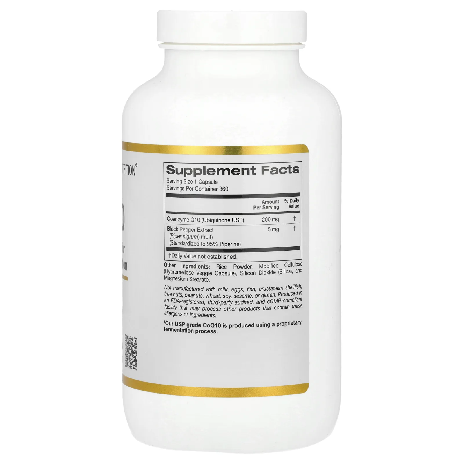 California Gold Nutrition, коэнзим Q10 USP с экстрактом BioPerine, 200 мг, 360 вегетарианских капсул