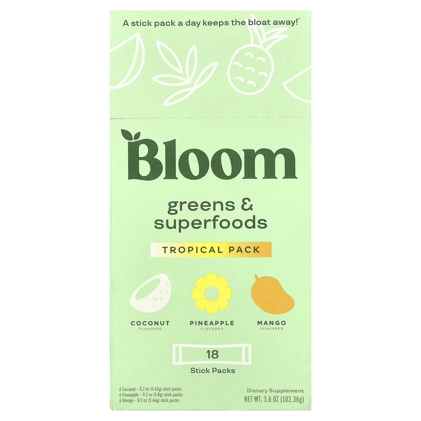 Bloom, Greens & Superfoods, тропическая упаковка, 18 пакетиков, 102,36 г (3,6 унции)