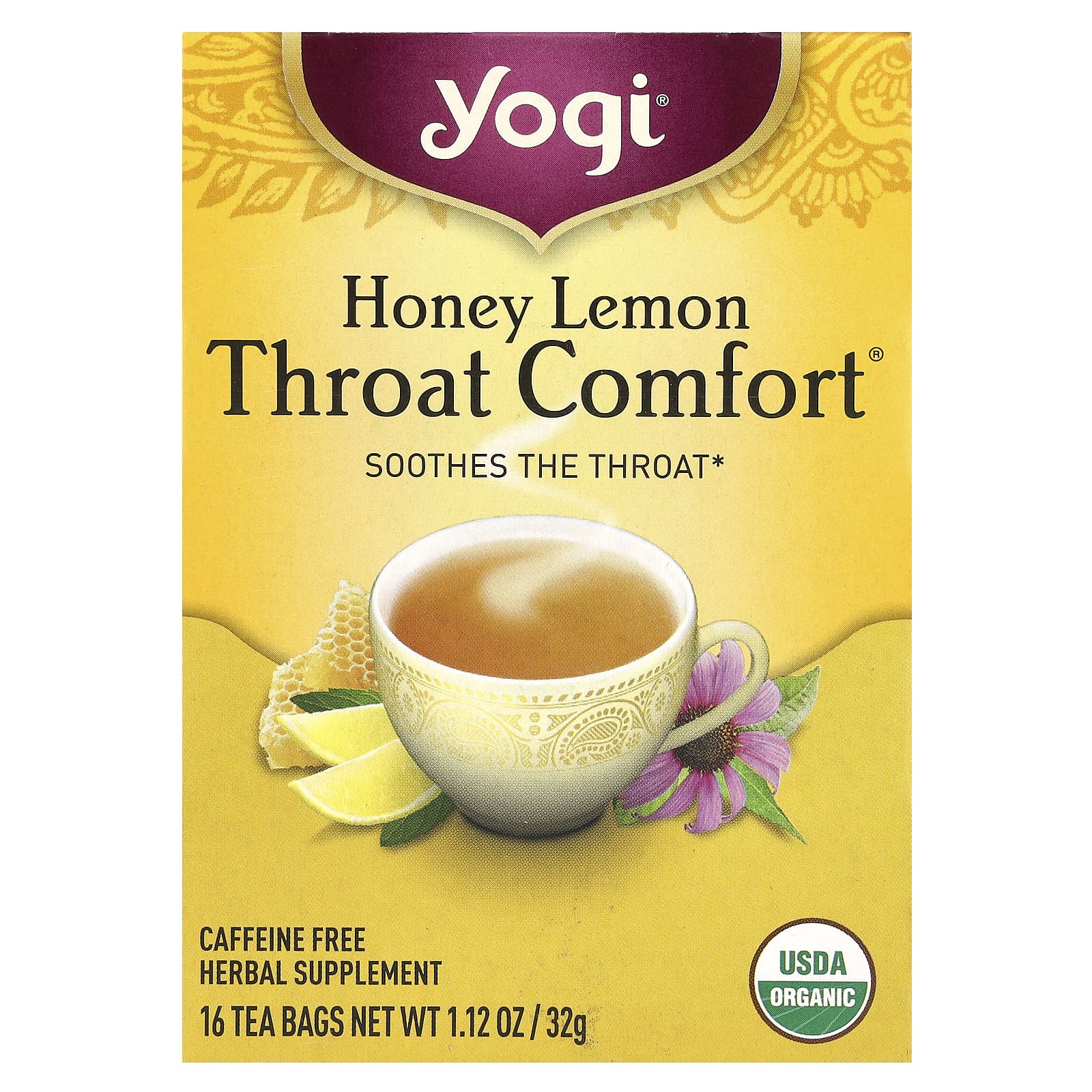 Yogi Tea, Органический, Throat Comfort, со вкусом меда и лимона, без кофеина, 16 чайных пакетиков, 1.12 унций (32 г)