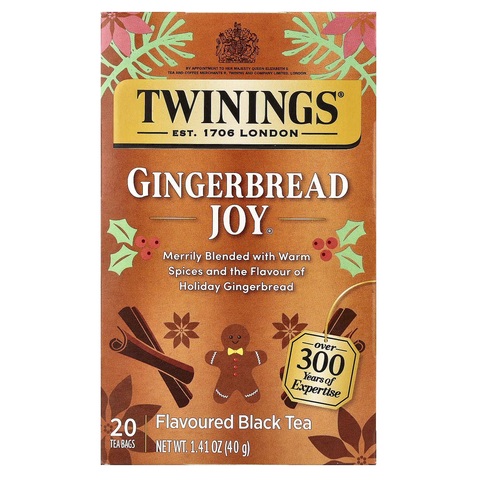 Twinings, ароматизированный черный чай, Gingerbread Joy®, 20 чайных пакетиков, 40 г (1,41 унции)