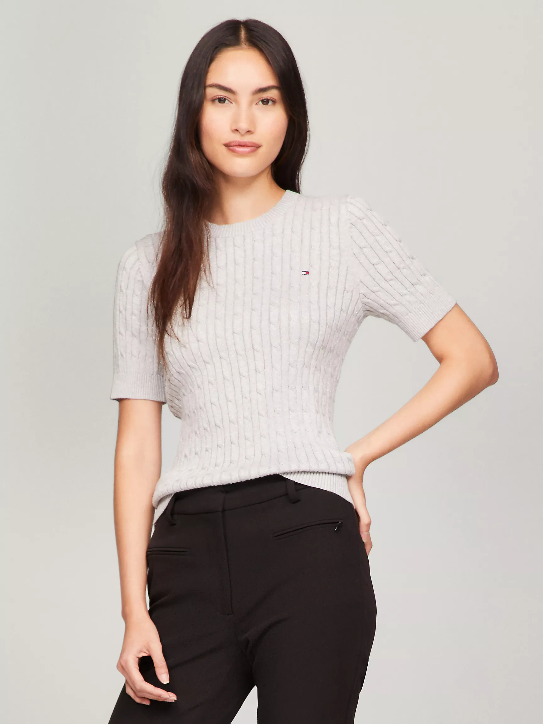 Женский свитер Tommy Hilfiger, Свитер с коротким рукавом, узором "косы" и мерцающим эффектом