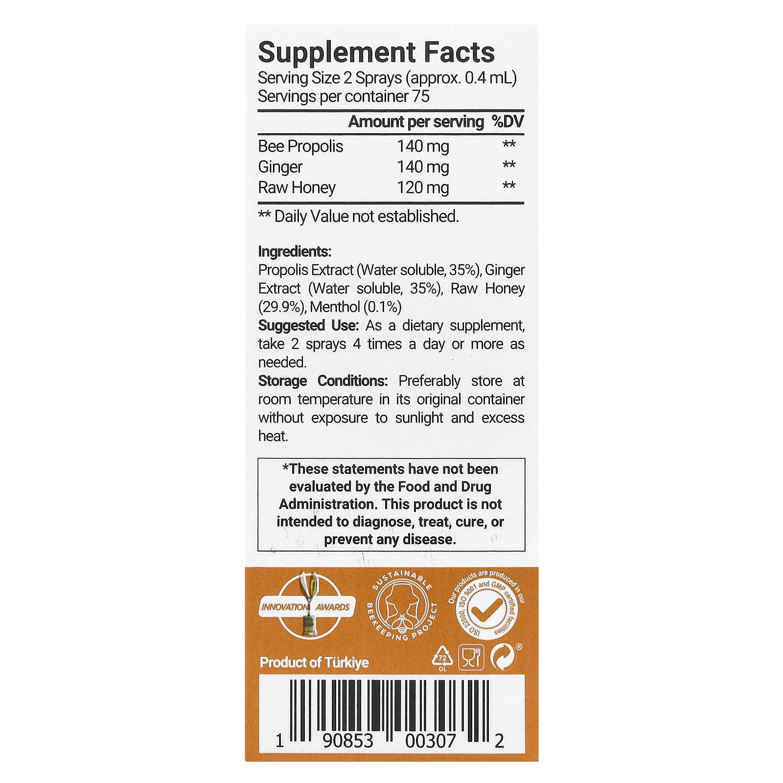 Bee&You, Спрей для горла с прополисом и имбирем, 30 мл (1 жидк. Унция)