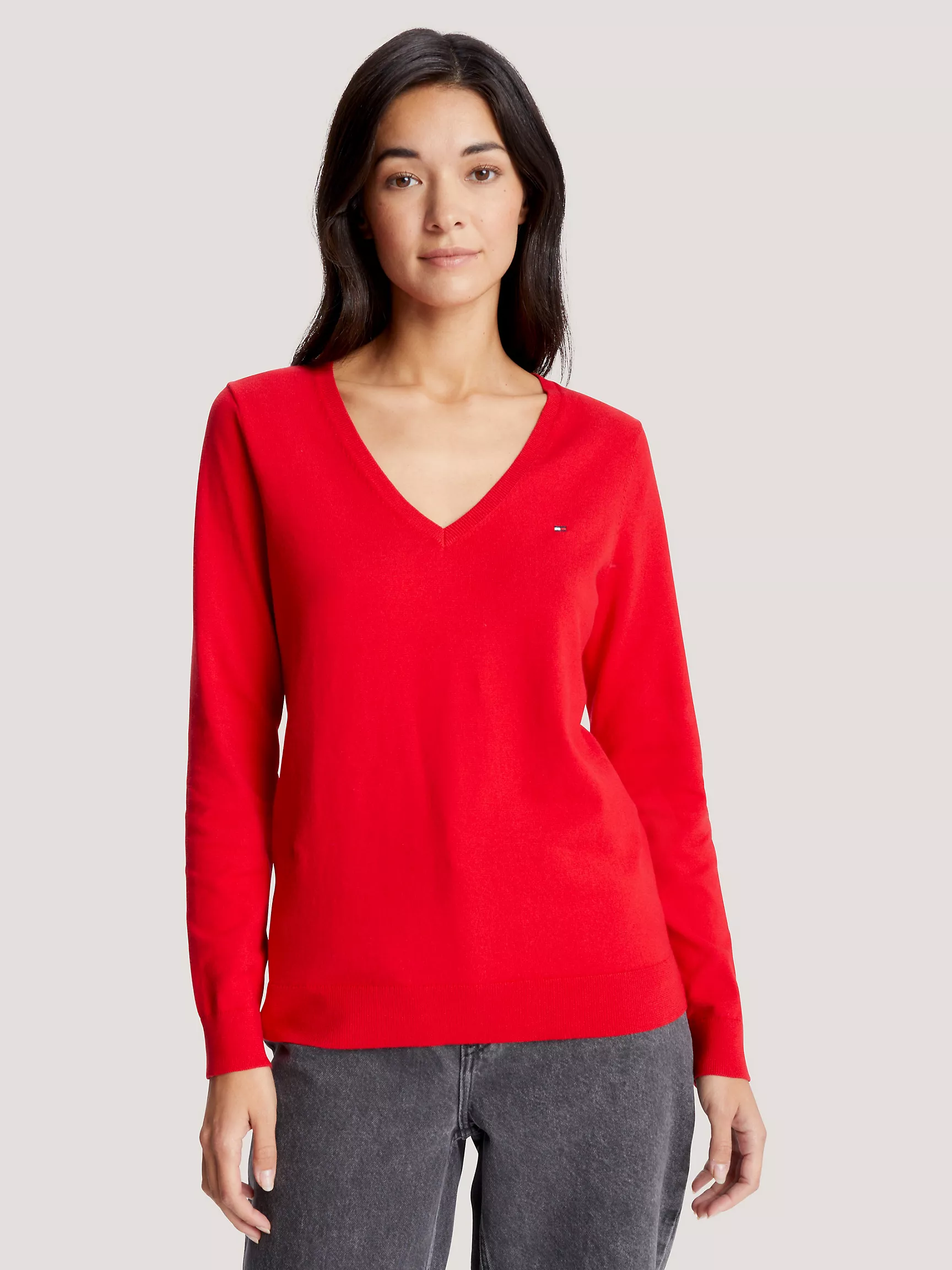 Женский свитер Tommy Hilfiger, Однотонный свитер из хлопковой смеси с V-образным вырезом