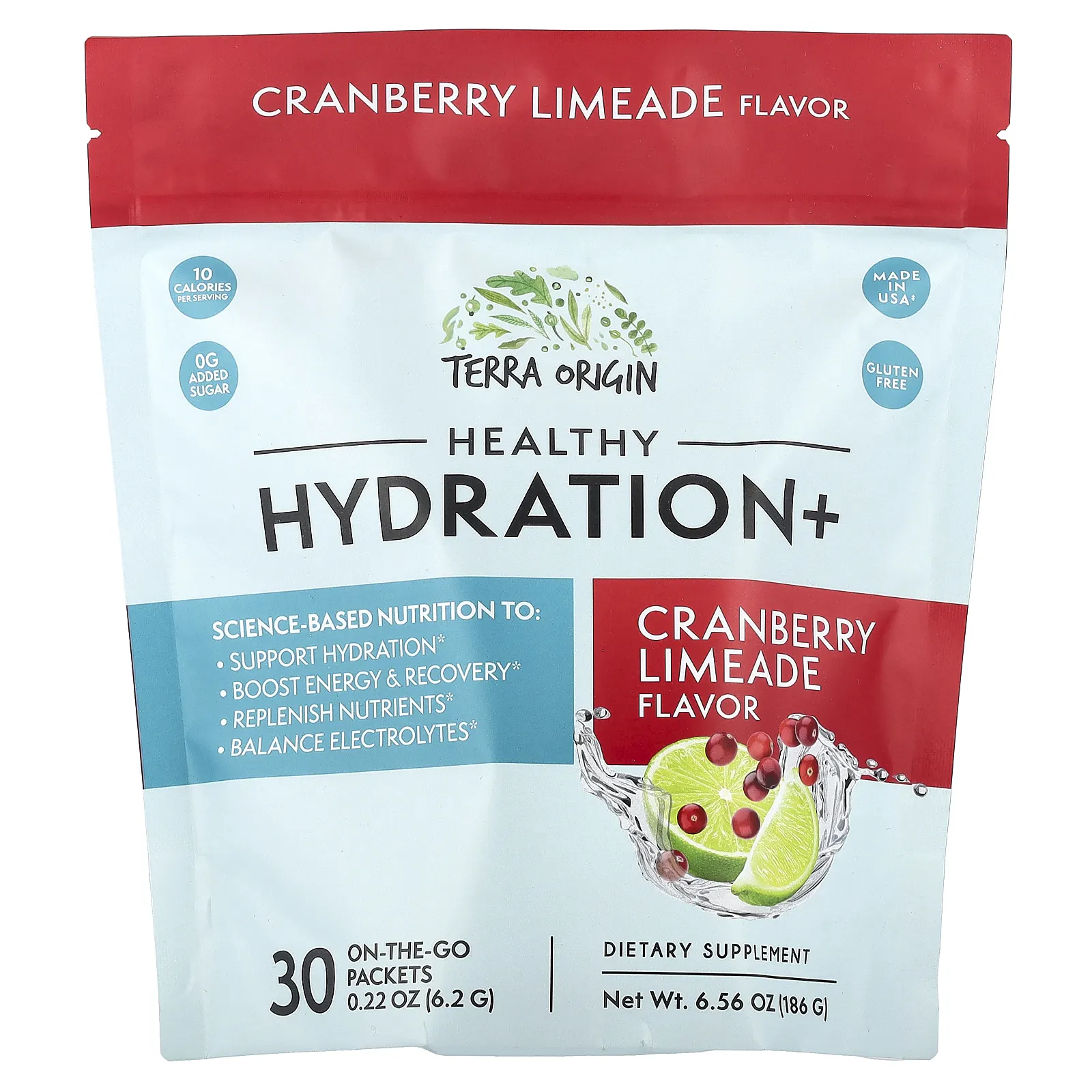 Terra Origin, Healthy Hydration+, клюквенный лаймад, 30 пакетиков On the Go, 6,2 г (0,22 унции) каждый