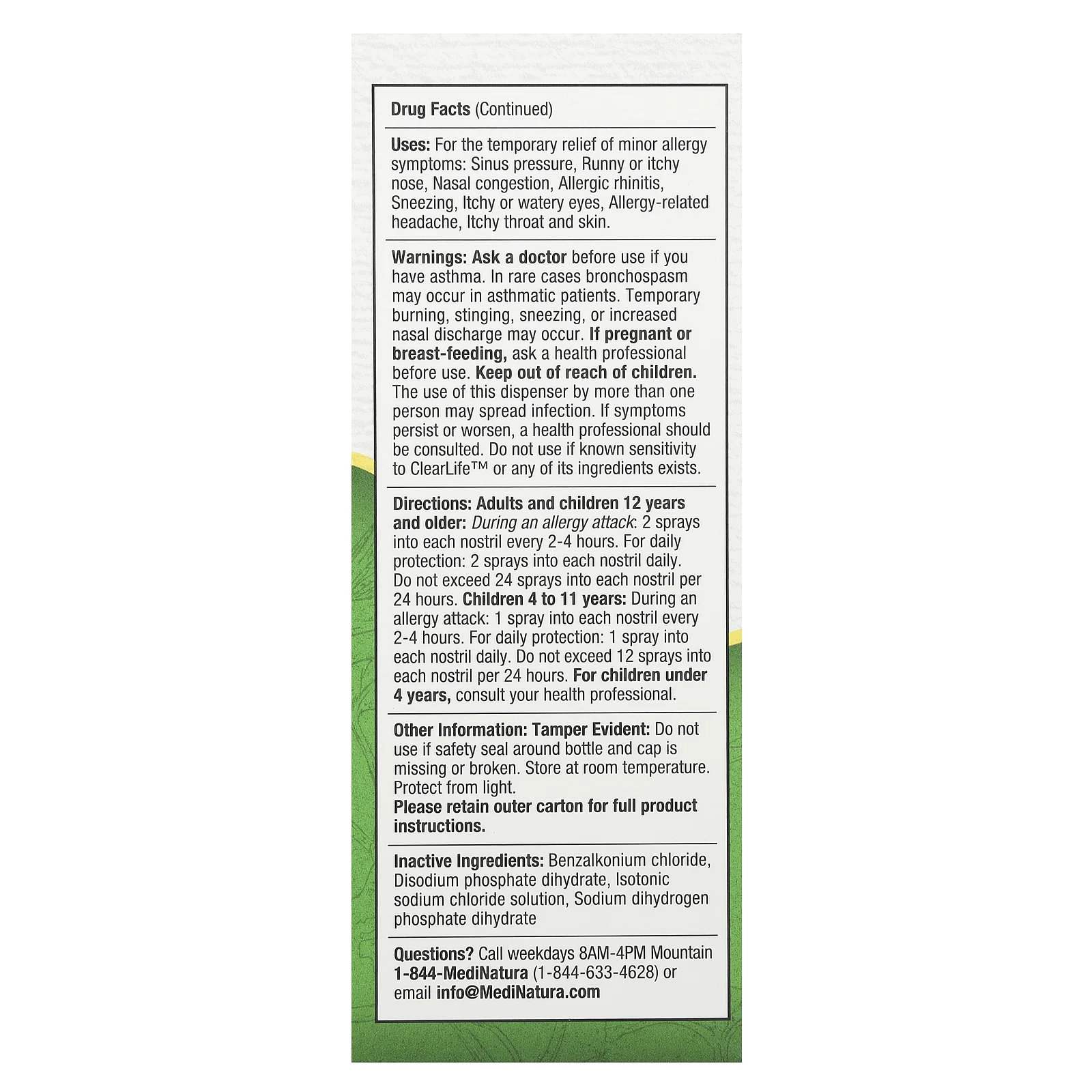 MediNatura, ClearLife, назальный спрей против аллергии повышенной силы действия, 20 мл (0,68 жидк. унций)