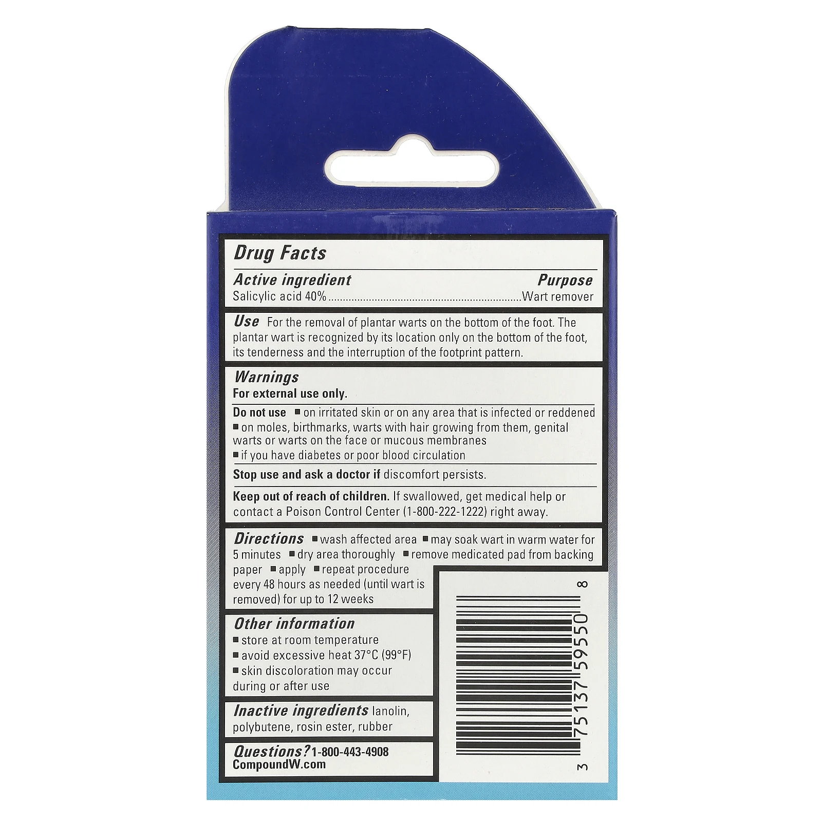 Compound W, Средство для удаления бородавок, One Step Plantar Foot Pads, максимальная сила действия, 20 лечебных подушечек