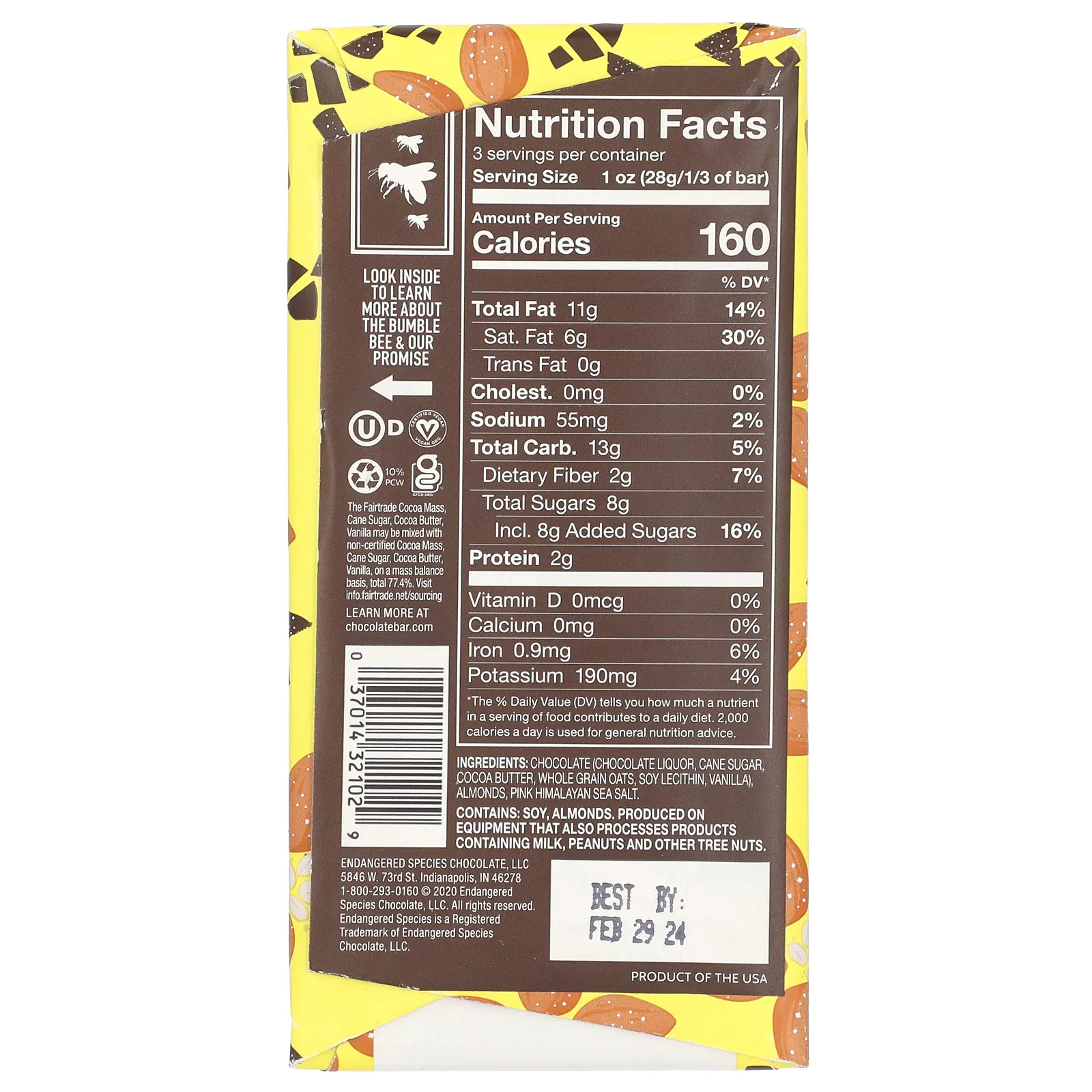 Endangered Species Chocolate, Овсяное молоко, морская соль, миндаль и темный шоколад, 55% какао, 85 г (3 унции)