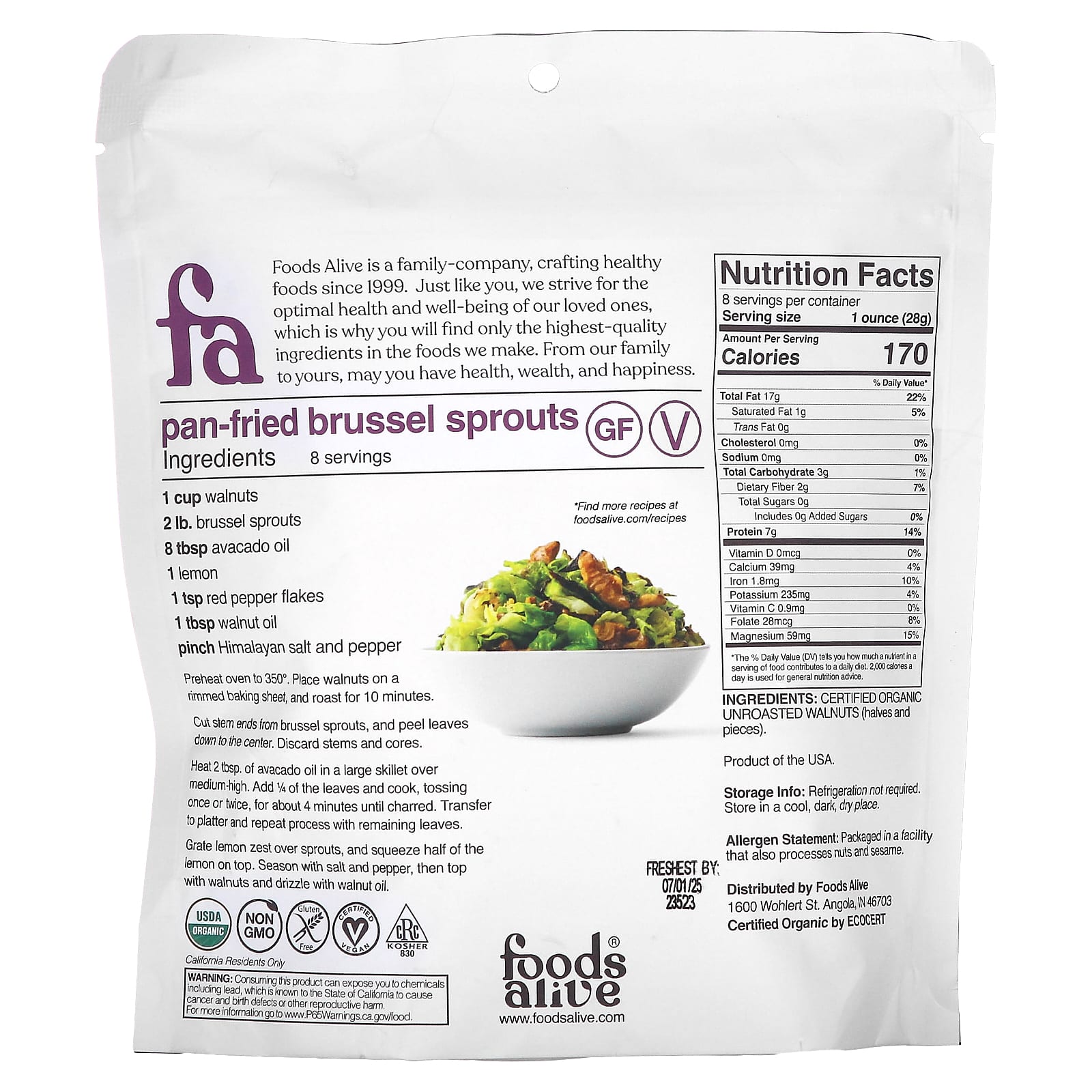 Foods Alive, органические грецкие орехи, половинки и кусочки, 227 г (8 унций)