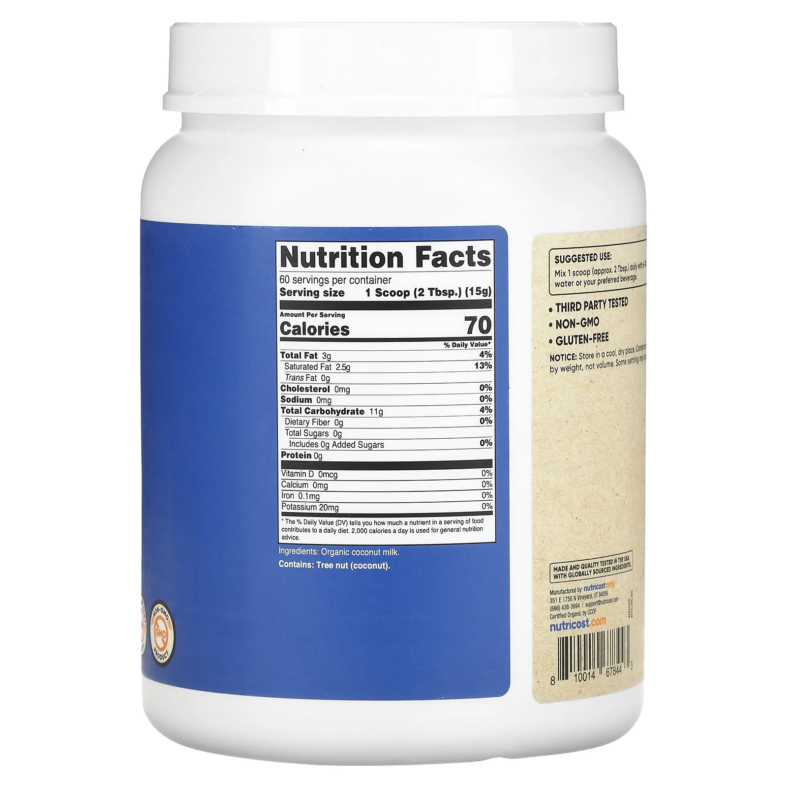 Nutricost, органическое сухое кокосовое молоко, без добавок, 907 г (2 фунта)