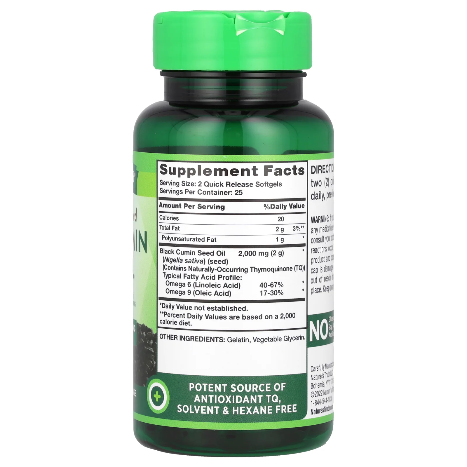 Nature's Truth, масло из семян черного тмина, 2000 мг, 50 капсул с быстрым высвобождением (1000 мг в 1 капсуле)