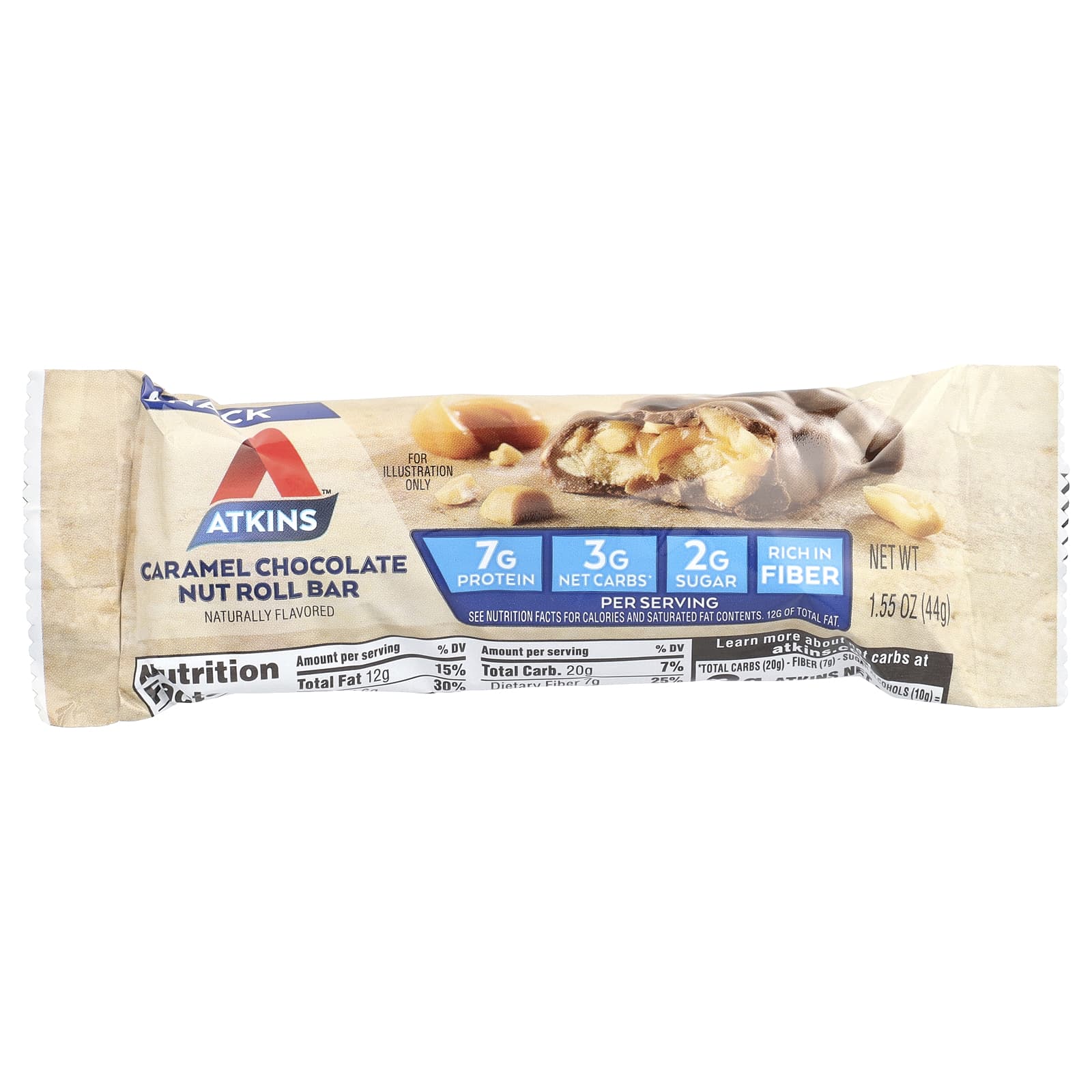Atkins, Snack, батончик с карамелью, шоколадом и орехами, 8 батончиков, 44 г (1,55 унции)